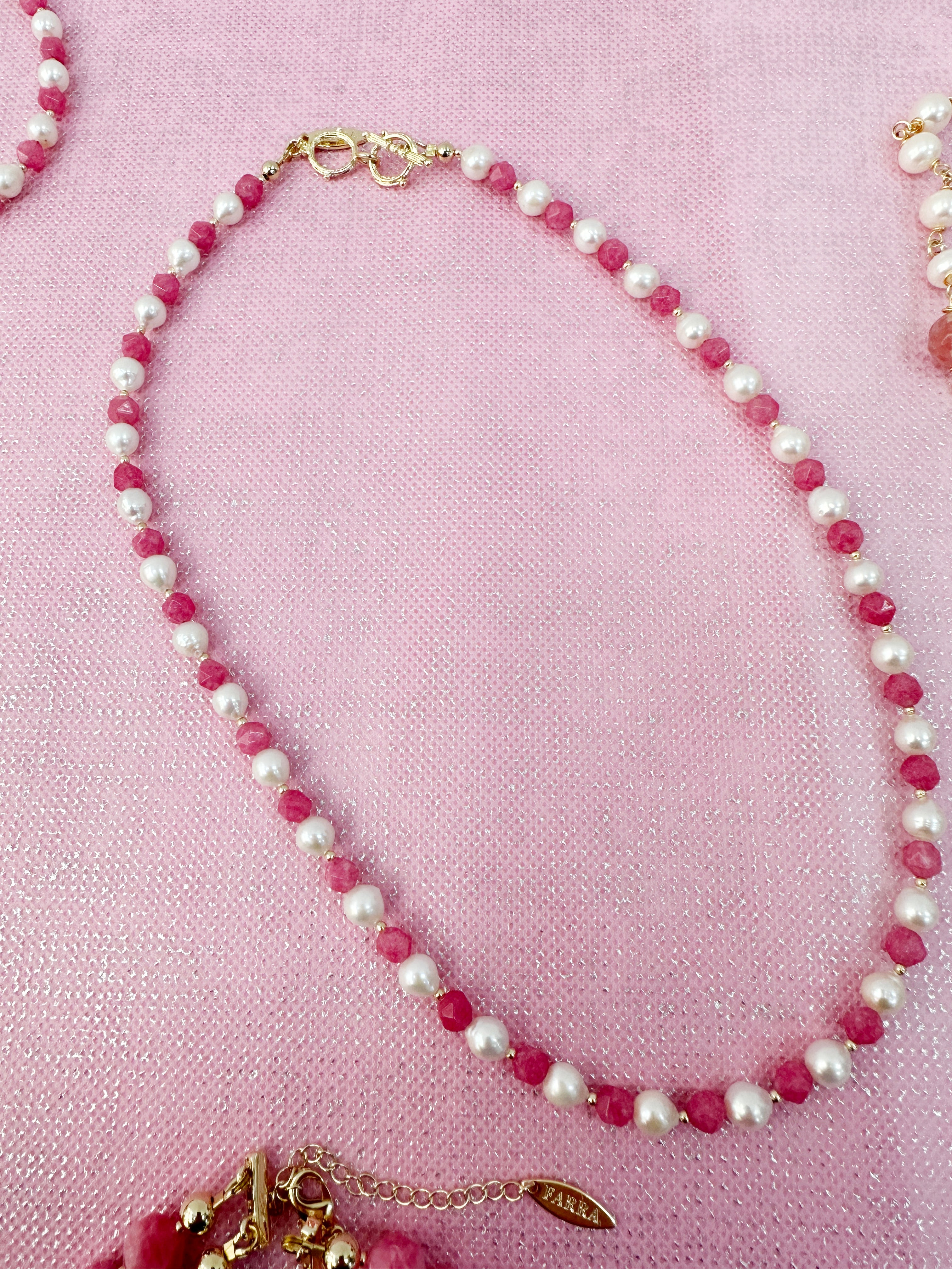 Elegant Freshwater Pearl Necklace with Pink Gemstone Accent - LN003 | Perfect for Weddings, Parties & Special Occasions