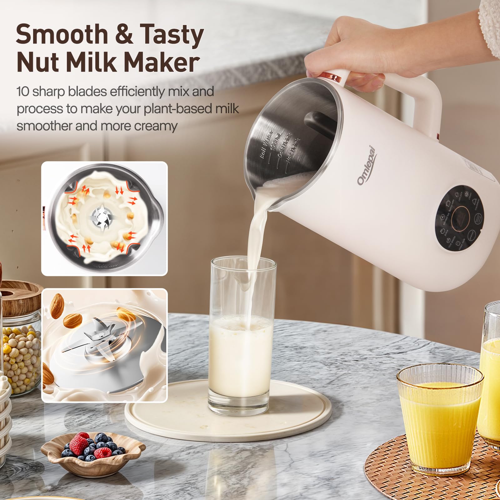 35oz 8-in-1 Automatic Nut Milk Maker Machine - Homemade Almond, Oat, Coconut & Soy Milk Maker with 10 Blades | Non-Dairy Beverage Machine with Keep Warm & Auto-Clean | Perfect for Vegan, Paleo & Plant-Based Diets at Home