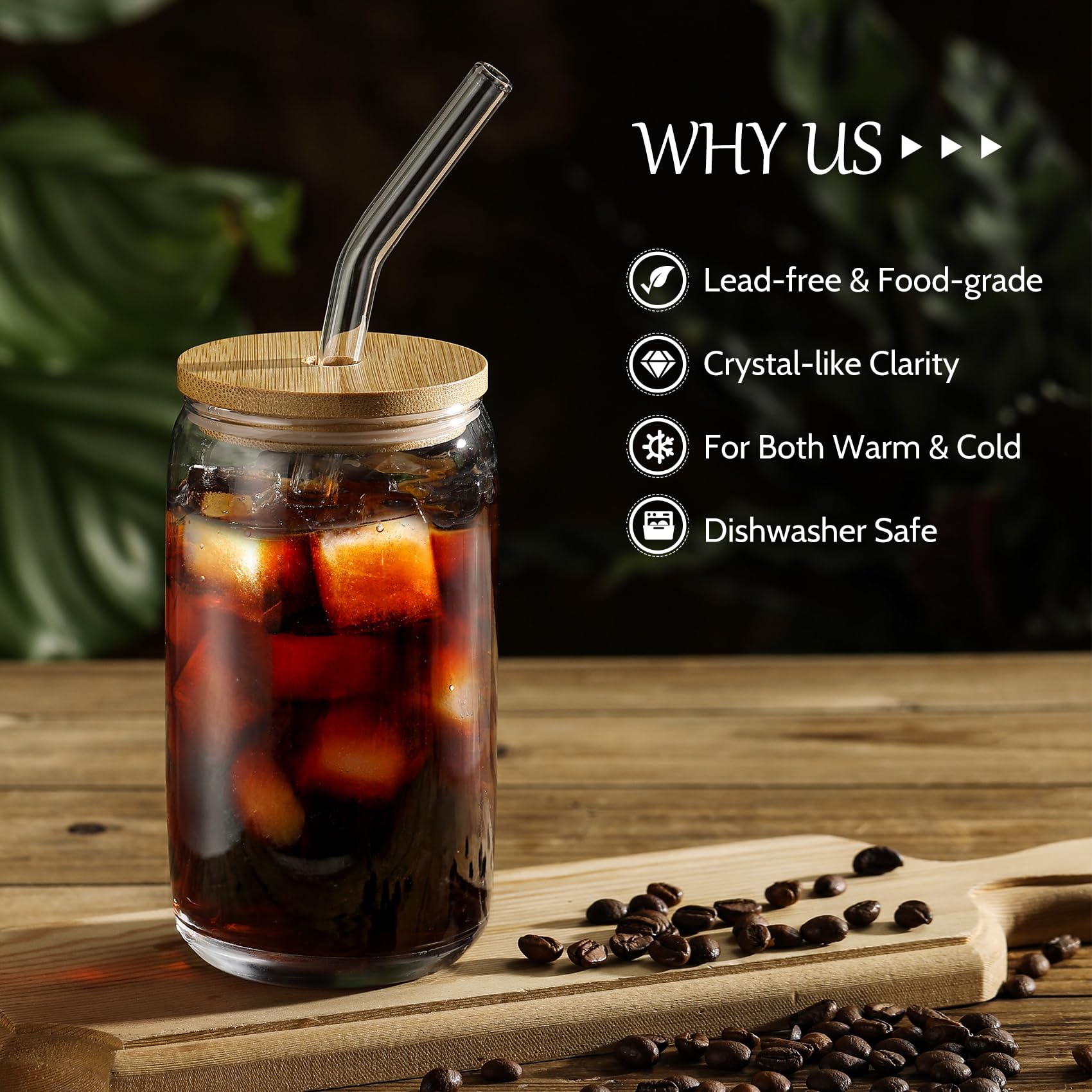 6-Piece Glass Cups Set with Bamboo Lids & Glass Straws - 16oz Beer-Shaped Drinking Glasses for Iced Coffee, Smoothies, Boba Tea, Whiskey & Water - Includes 2 Cleaning Brushes - Perfect for Home, Office, Parties & Gifts