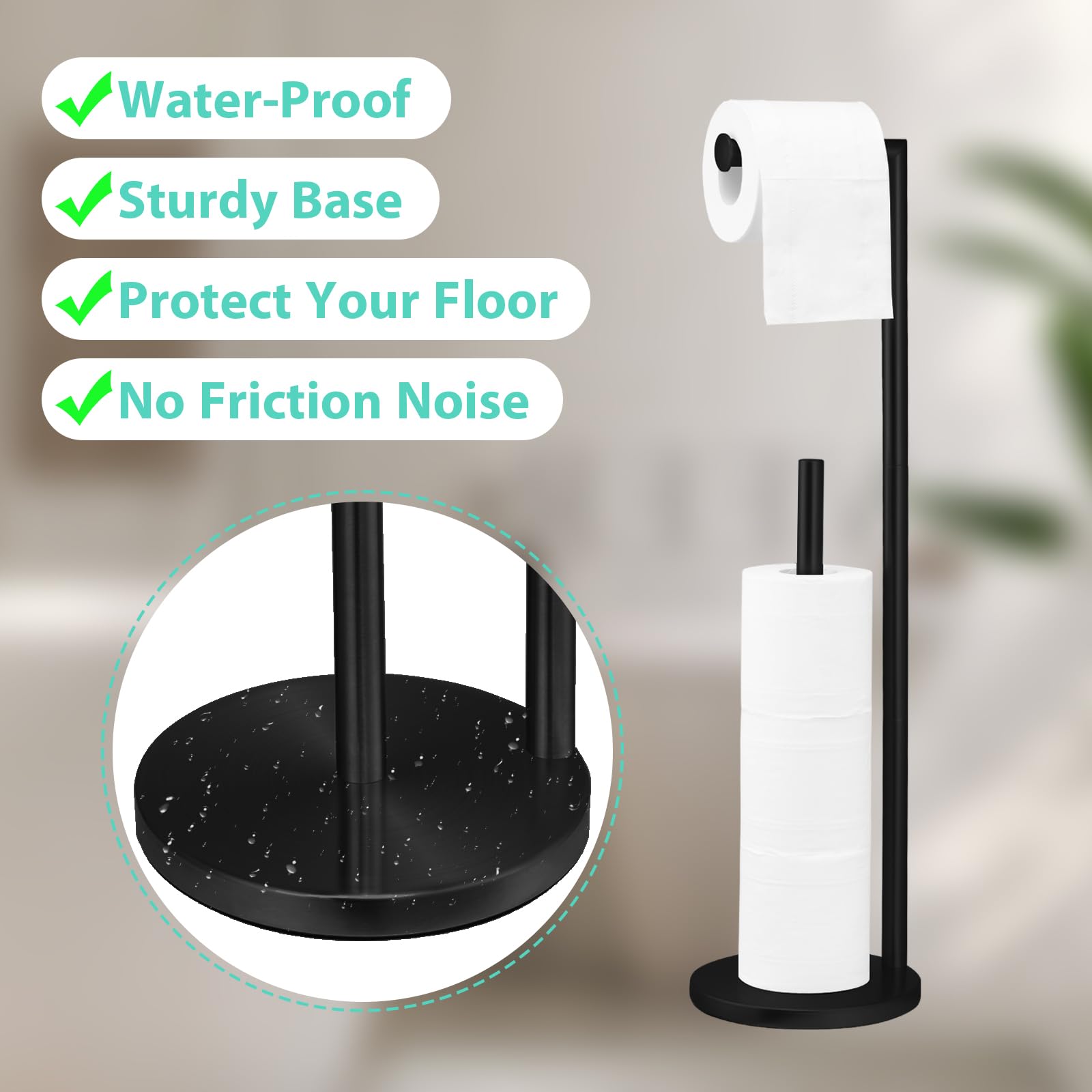 Free Standing Toilet Paper Holder Stand - Large Capacity Bathroom Tissue Roll Dispenser for 4 Rolls with Reserve Storage | Matte Black Finish | Perfect for Home, Office & RV Bathrooms