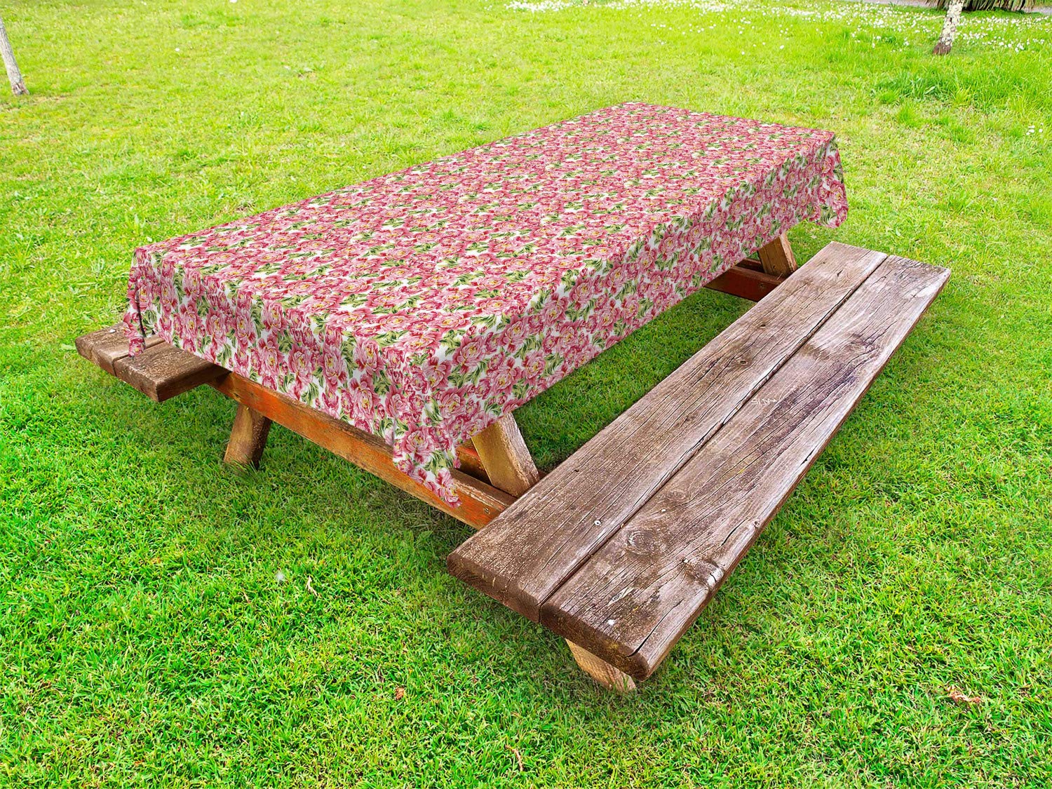 Ambesonne Vintage Floral Tablecloth - 58x84 Inch Washable Picnic Table Cover with Romantic Peonies & Green Foliage, Pale Pink & Fern Green - Perfect for Outdoor Dining, Garden Parties & Spring Decorations