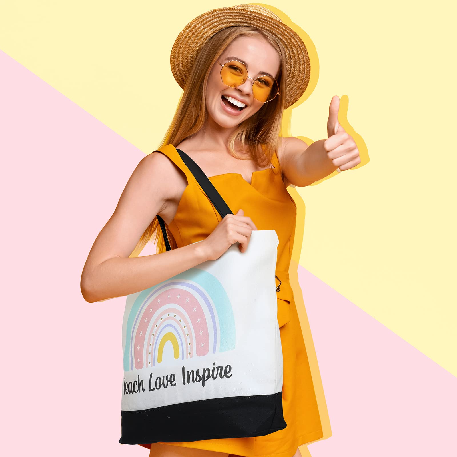 Jutom 2 Pack Teacher Tote Bags - Canvas Reusable Teacher Appreciation Gifts with Inspirational Quotes (Love, Teach, Inspire) - Rainbow Design for Women - Perfect for School, Work, Grocery Shopping & Beach Day