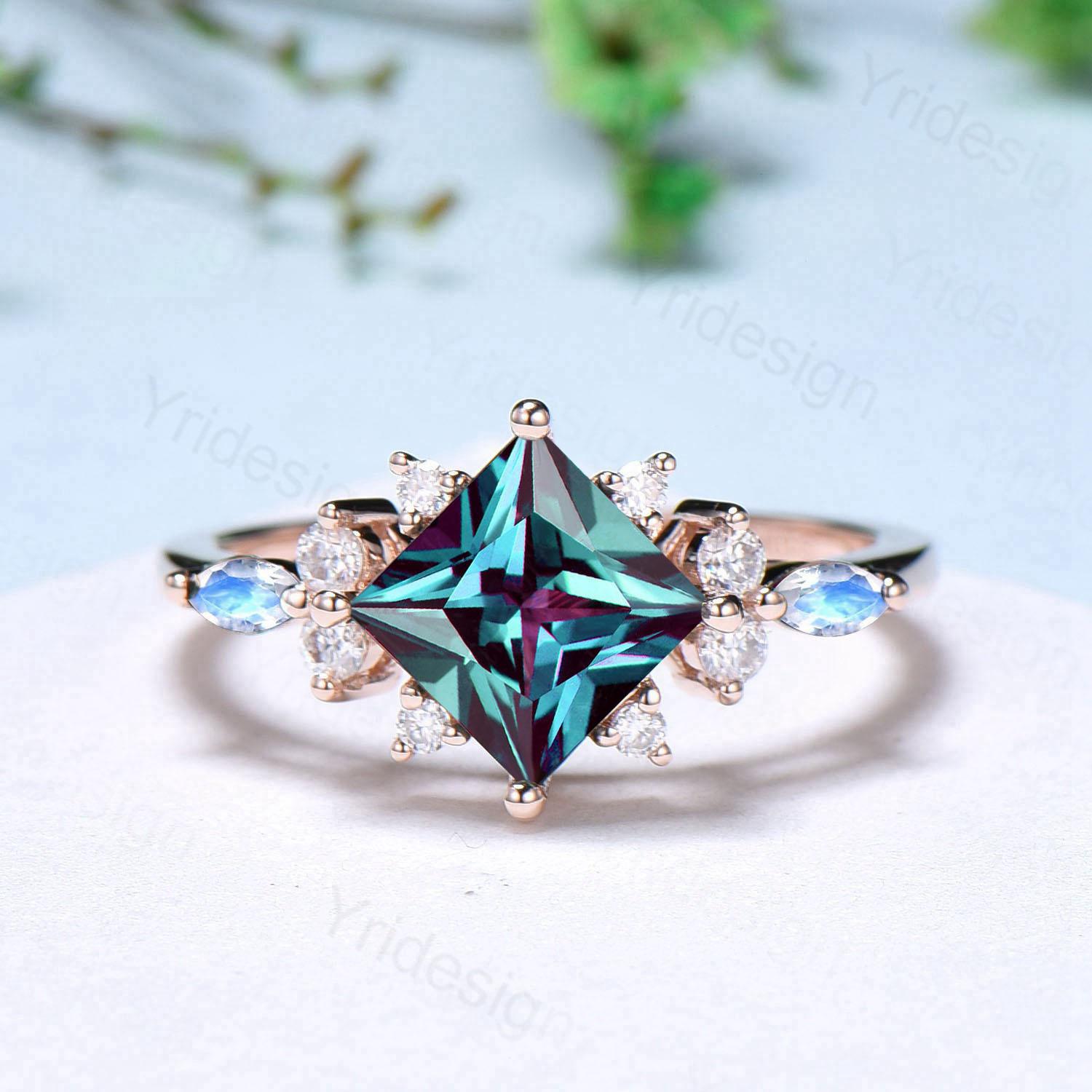 2CT Princess Cut Alexandrite & Moonstone Engagement Ring Set - 14K Rose Gold Bridal Jewelry for June Birthstone, Wedding & Anniversary Gifts (2-Piece Cluster Design)