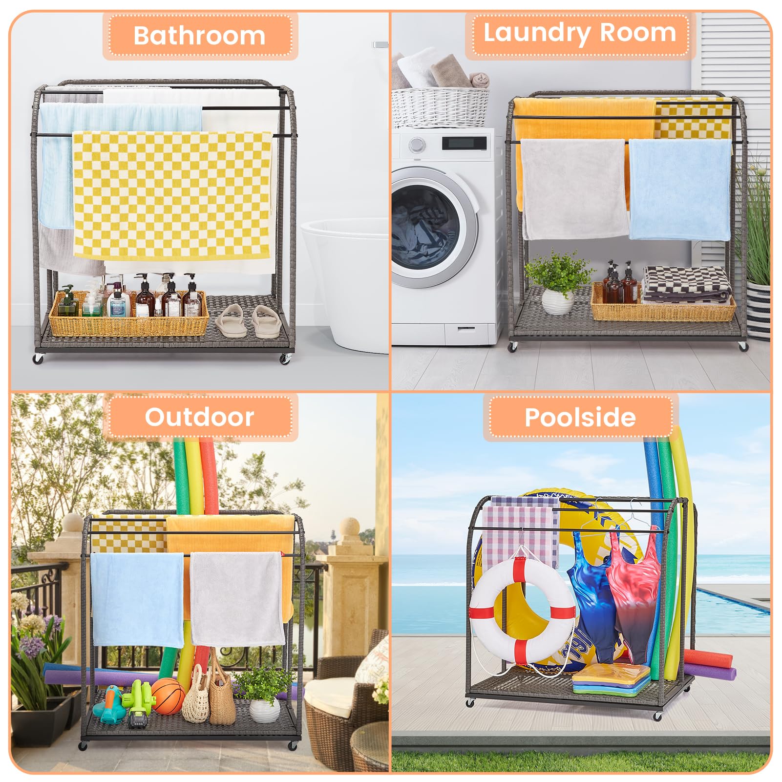 IdealHouse Freestanding Poolside Outdoor Storage Organizer with 5-Bar Towel Rack & Rattan Base - Perfect for Pool Toys, Floats, Noodles & Swimming Rings - Great for Patio, Backyard, Pool Area & Indoor Use