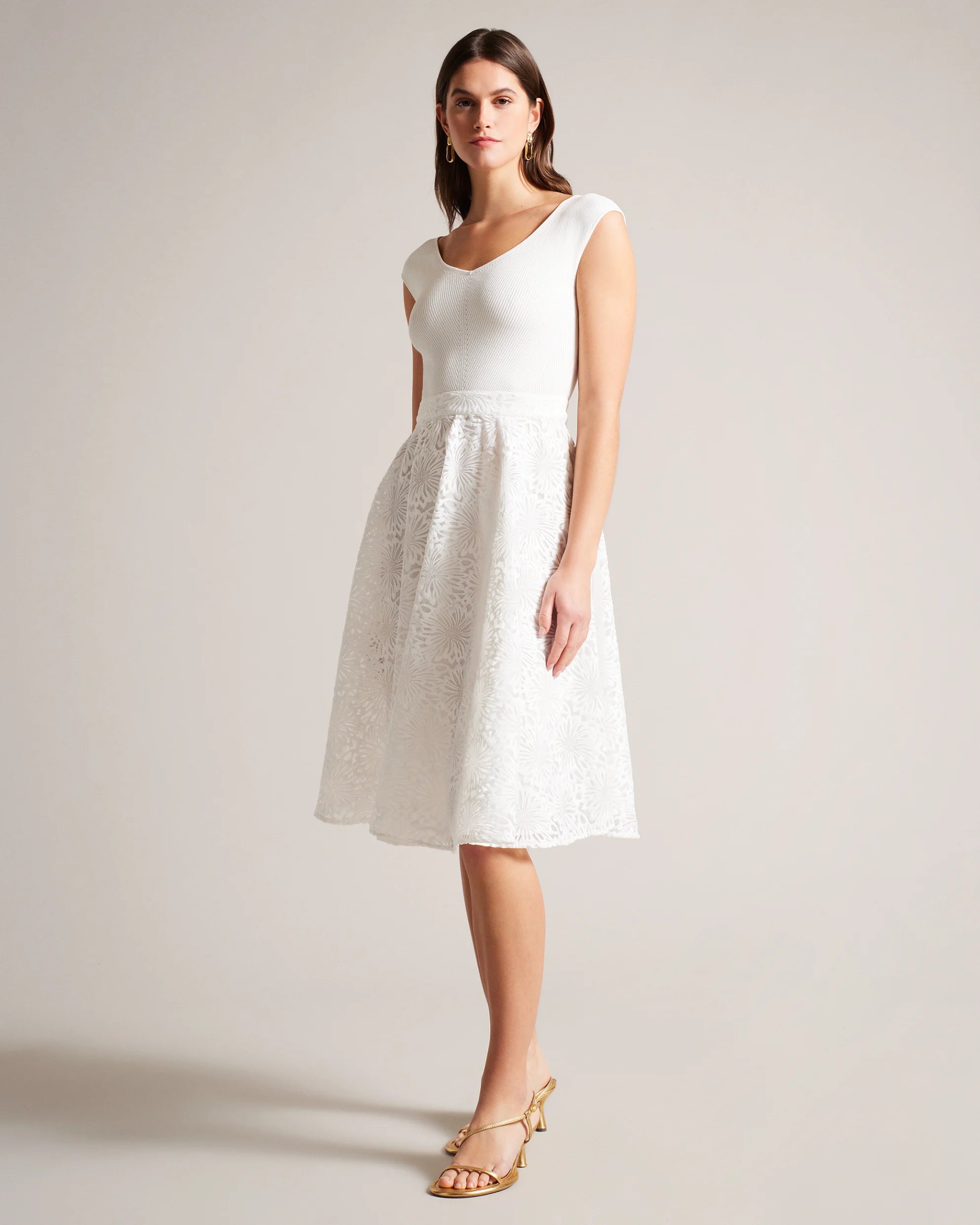 Annikaa Floral Knit Bodice Midi Dress - White | Elegant Summer Wedding Guest Dress & Casual Brunch Outfit