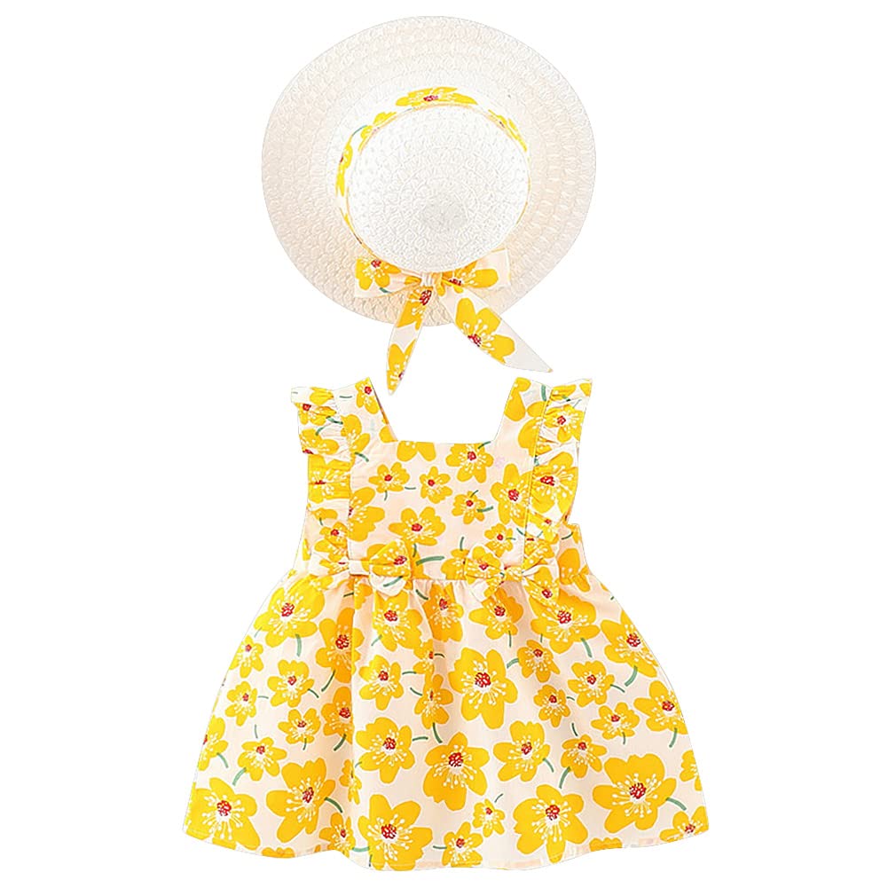 ODASDO Toddler Girls Sleeveless Bow Dress & Straw Hat 2-Piece Set - Summer Sundress for Baby & Infant - Perfect for Beach, Photo Shoots & Coming Home Outfits