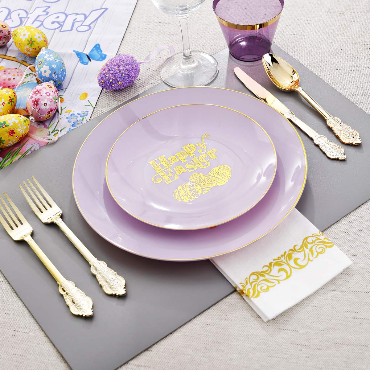 150-Piece Easter Party Tableware Set - Purple & Gold Disposable Plates, Forks, Knives, Spoons & Cups for Easter Celebrations - Perfect for Easter Brunch, Egg Hunts & Spring Gatherings