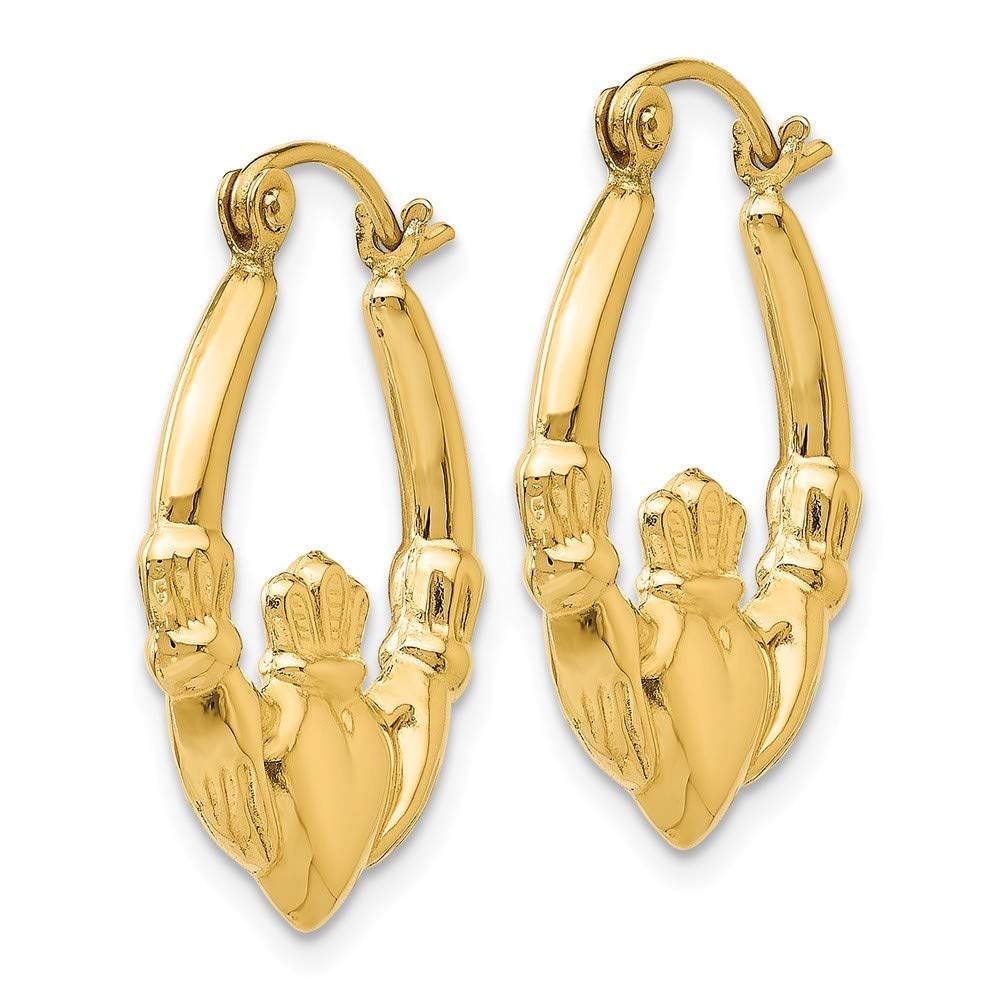 14K Yellow Gold Polished Claddagh Hoop Earrings - 12mm Length - Irish Celtic Love Friendship Loyalty Jewelry - Perfect for Weddings, Anniversaries & Gifts