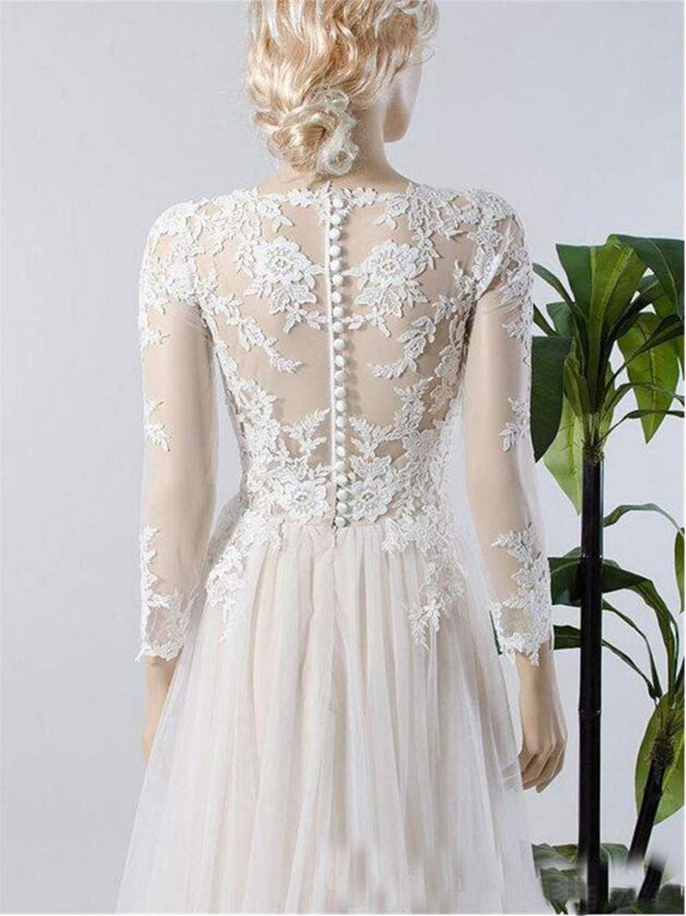 Elegant A-Line Lace Tulle Wedding Dress with Button Back & Long Sleeves - Perfect for Bridal Ceremonies, Vow Renewals & Formal Events