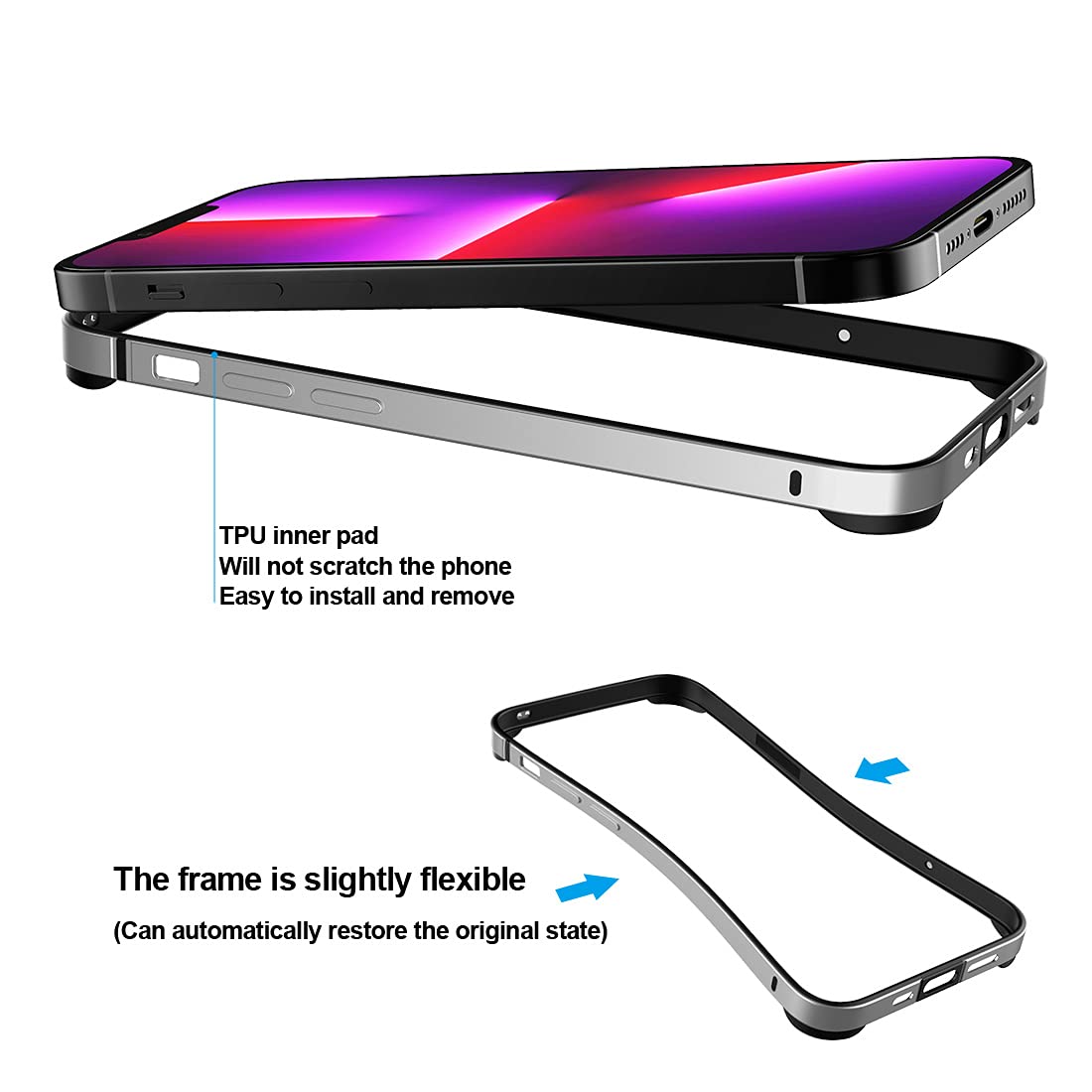 Slim Thin iPhone 13 Mini Case 5.4 Inch - Metal Bumper with Soft TPU Inner Shell | No Signal Interference | Wireless Charging Compatible | Silver | Perfect for Everyday Use, Office & Travel Protection
