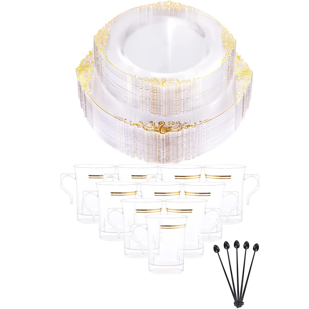 100PCS Clear & Gold Plastic Plates and 60 Pack Clear Gold Plastic Coffee Mugs - Elegant Disposable Tableware for Parties, Weddings, and Events