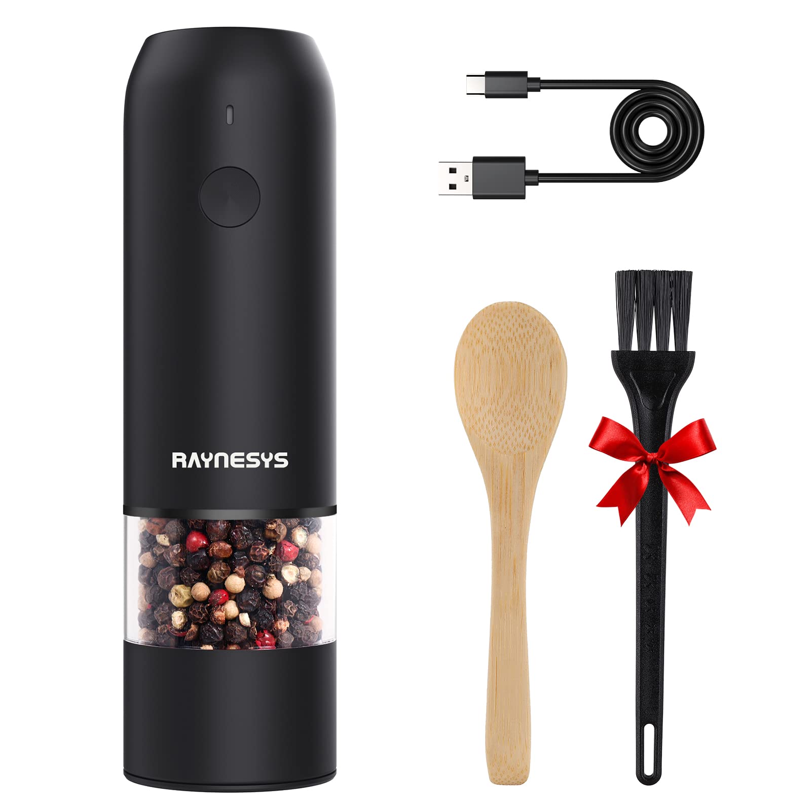 Raynesys USB Rechargeable Electric Salt and Pepper Grinder Set - Automatic One-Hand Operation Mill with Adjustable Coarseness & LED Light, Modern Refillable Spice Grinder (1 Pack, Black) - Perfect for Kitchen, Dining Table, Camping & Gifts