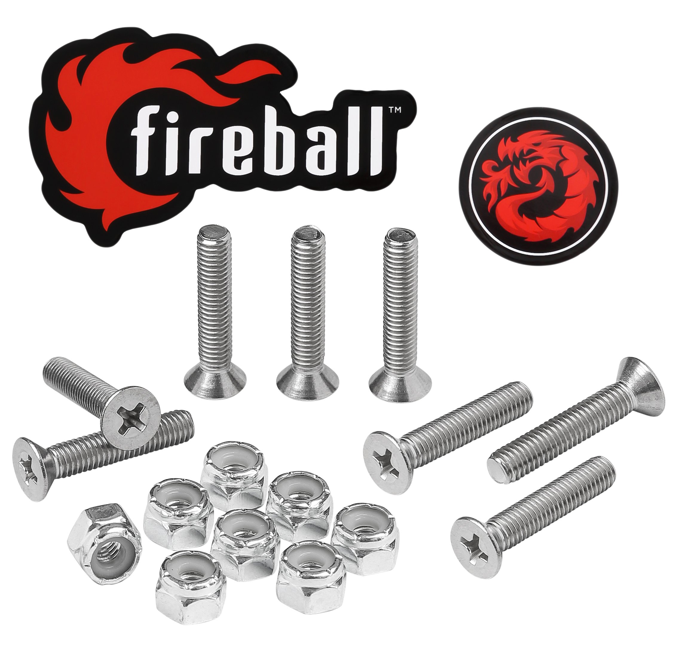 Fireball Dragon Skateboard Hardware Kit - 8 Ultra Strong Stainless Steel Mounting Screws & Nuts Set for Longboard, Cruiser & Skateboard - Durable Skateboard Bolts for Smooth Riding & Tricks at Park, Street or Campus