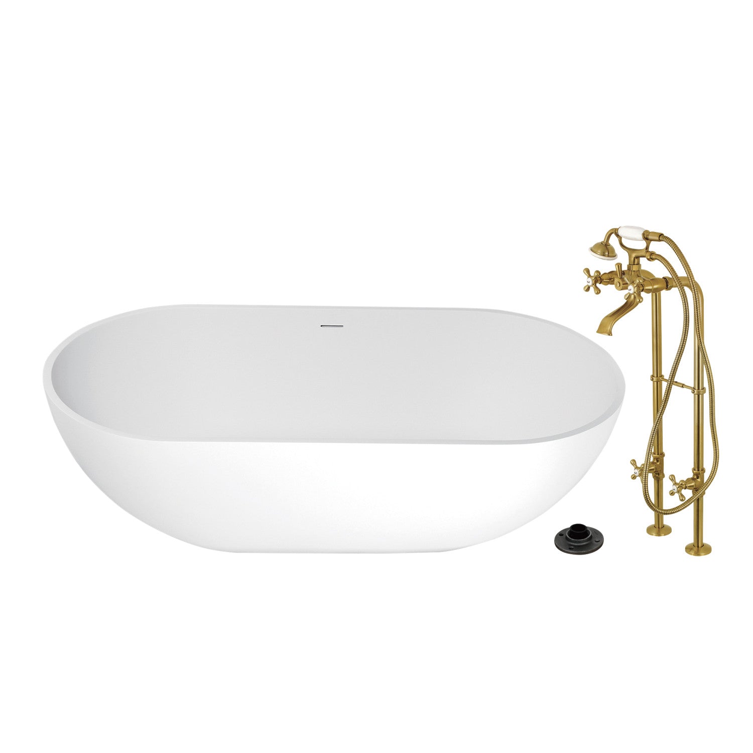 70 Inch Freestanding Oval Bathtub with Faucet - Brushed Brass Solid Surface Soaking Tub for Luxury Bathroom | Spa Relaxation & Modern Home Decor