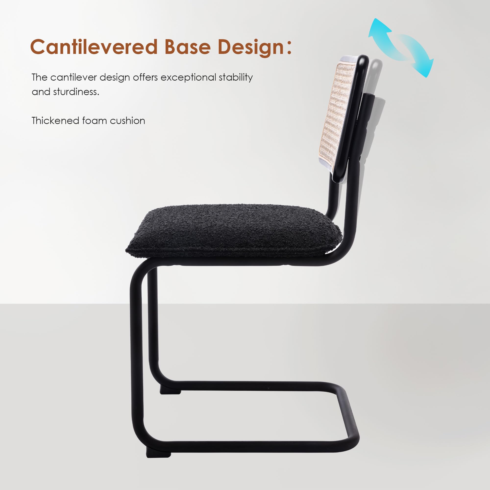 ONEVOG Set of 2 Modern Boucle Dining Chairs - Upholstered Cane Chairs with Natural Rattan Back & Sturdy Metal Frame - Comfortable Accent Chairs for Dining Room, Kitchen or Living Room Decor - Perfect for Small Spaces & Modern Home Interiors (Black)