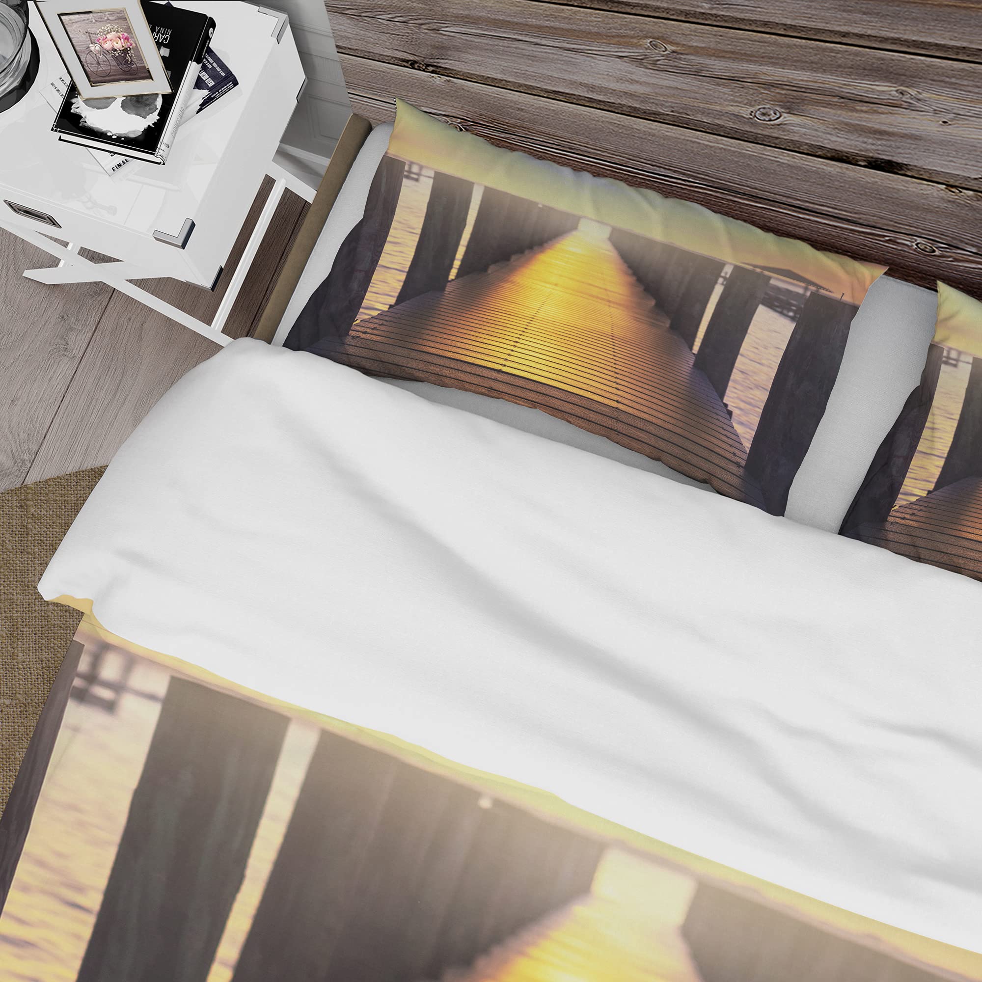 DesignQ Nautical & Coastal Duvet Cover Set - King Size Yellow Sea Bridge Sunset Bedding (3-Piece) | All-Season Beach Themed Comfort | Perfect for Coastal Homes, Guest Rooms & Vacation Rentals