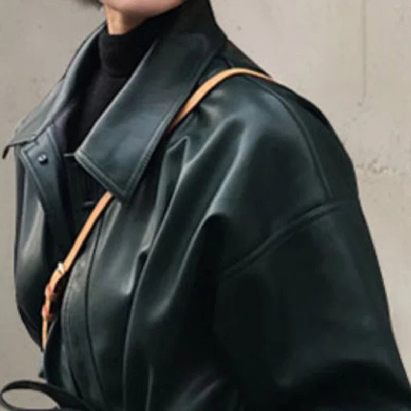 Stylish Women's Autumn Long Black PU Leather Trench Coat with Belt - Single Breasted Loose Fit Korean Fashion Outerwear for Fall 2022 | Perfect for Office, Dating & Casual Outings