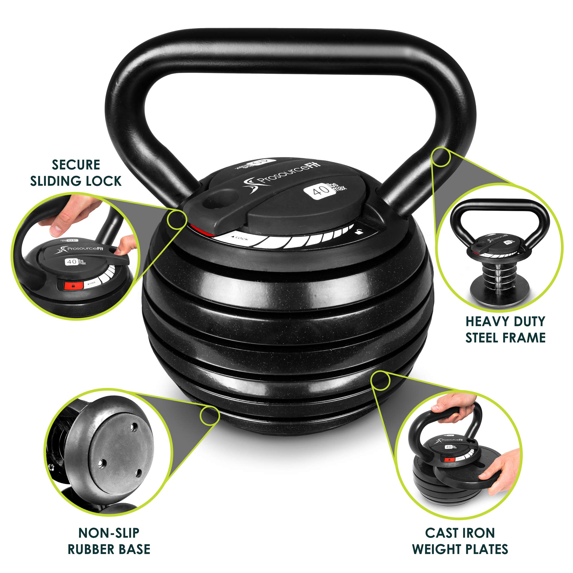 ProsourceFit Adjustable 40-lb Cast Iron Kettlebell Weight Set for Home Gym Strength Training - Perfect for Full Body Workouts, HIIT, CrossFit & Functional Fitness at Home