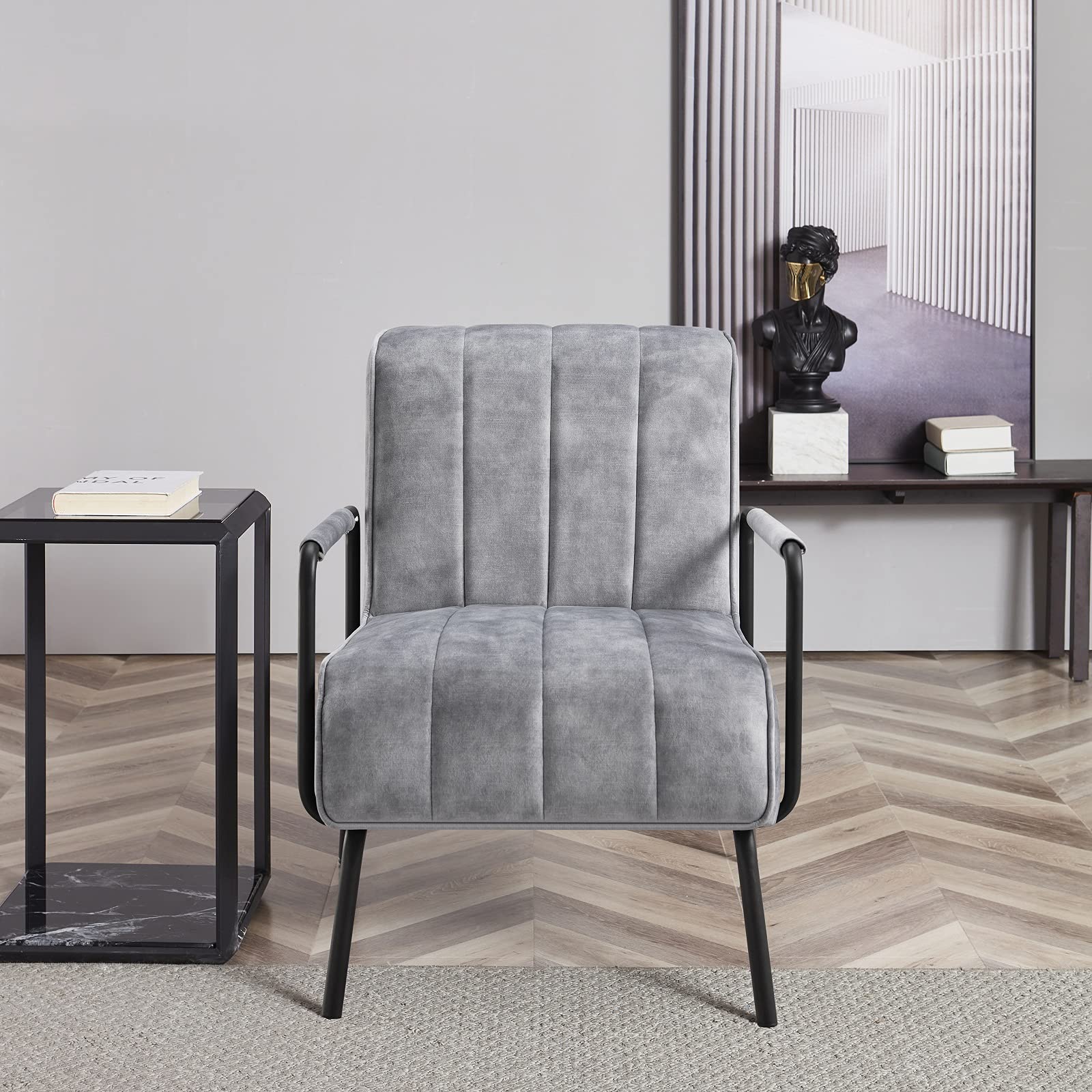 Mid-Century Modern Accent Chair - Plush Upholstered Fabric Armchair with Thick Cushioned Seat | Comfortable Living Room, Study, Bedroom & Vanity Chair by OCTANS (Grey) | Perfect for Reading Nooks, Home Offices & Cozy Spaces