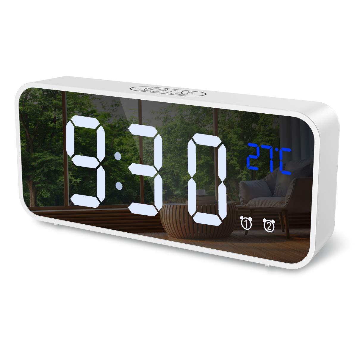 ORIA Digital Alarm Clock with Mirror LED Display, Voice Control, 4 Adjustable Brightness Levels, Dual Alarms, Temperature Display & USB Charging Port - Perfect for Bedroom, Bedside, Office, Kids & Elderly - Wake Up to Music or Gentle Alarm Sounds