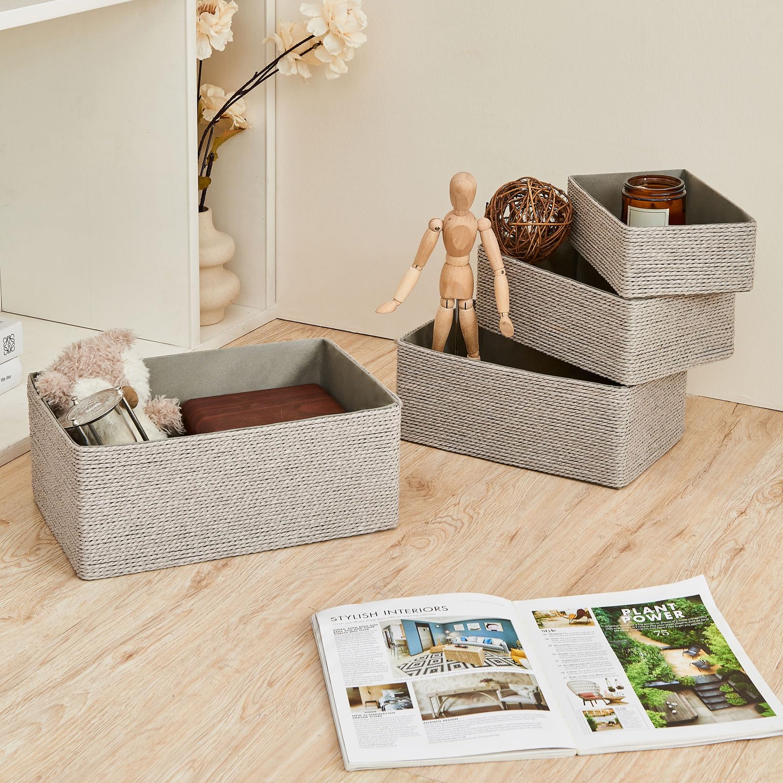 PROLAND 4-Pack Recycled Wicker Storage Baskets - Eco-Friendly Paper Rope Organizing Bins for Shelves, Cupboards & Drawers - Small Woven Storage Containers for Home, Office & Nursery Organization