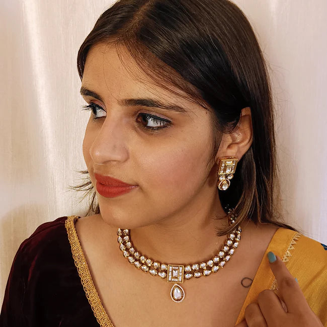 Royal Kundan Necklace and Earrings Set - 24K Gold Plated Designer Jewelry for Weddings, Parties & Special Occasions (D387)
