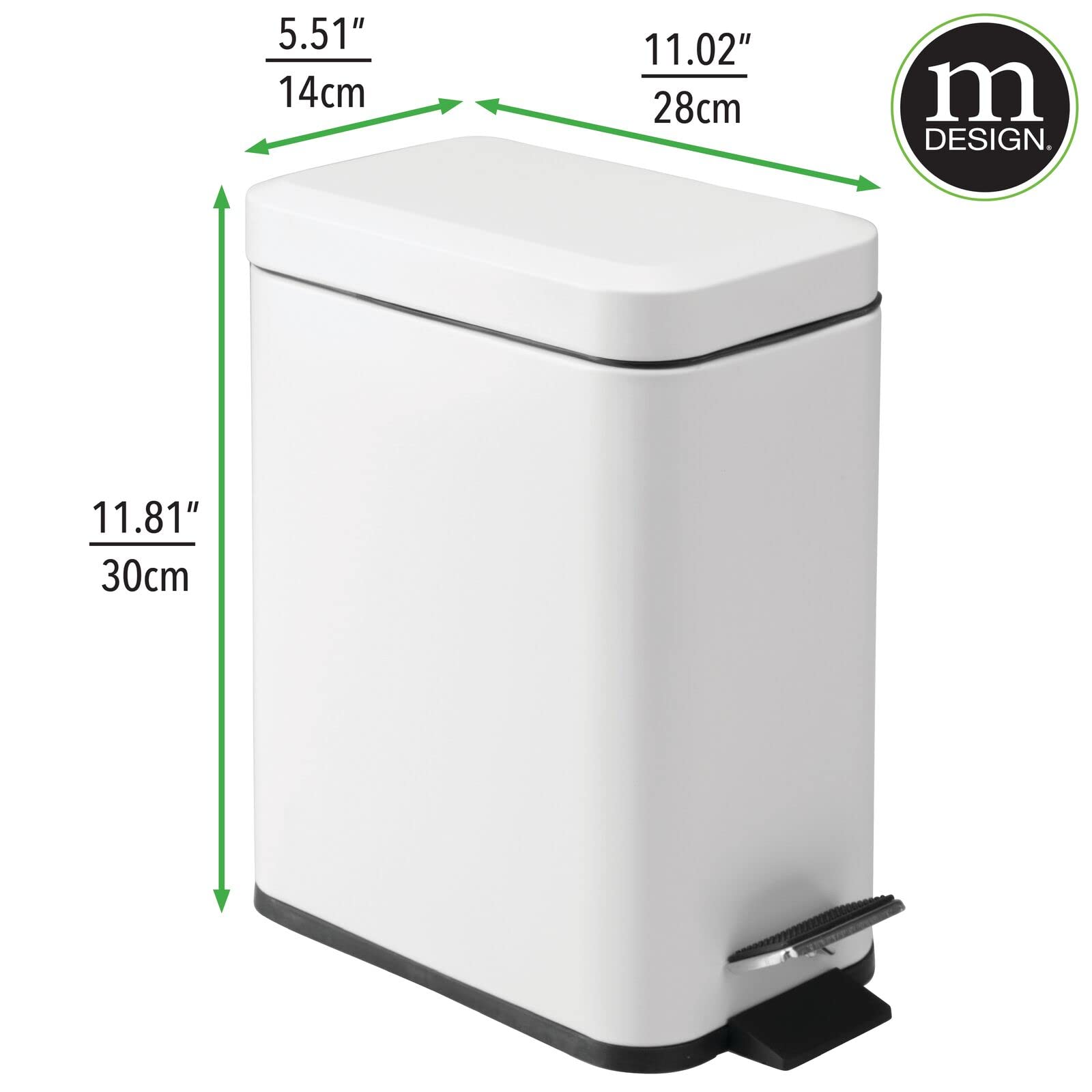 mDesign 5 Liter Rectangular Small Steel Step Trash Can - Matte White Wastebasket with Removable Liner for Bathroom, Bedroom, Kitchen, Office & Craft Room | Space-Saving Garbage Bin for Home & Office Use