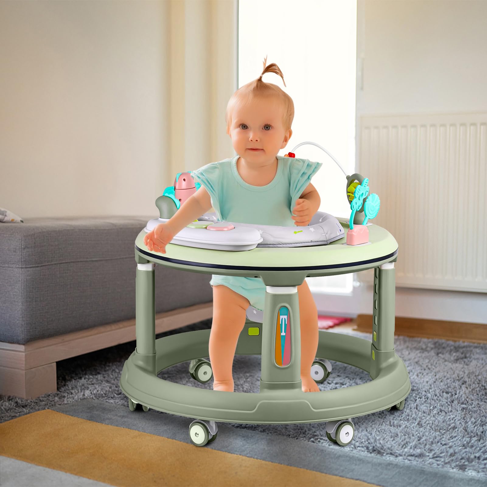 Baby Walker with Music & Lights - Adjustable Height Activity Center for Infants 6-18 Months | 360° Swivel Seat, Detachable Toys & Bounce Pad | Perfect for Learning to Walk & Playtime Fun