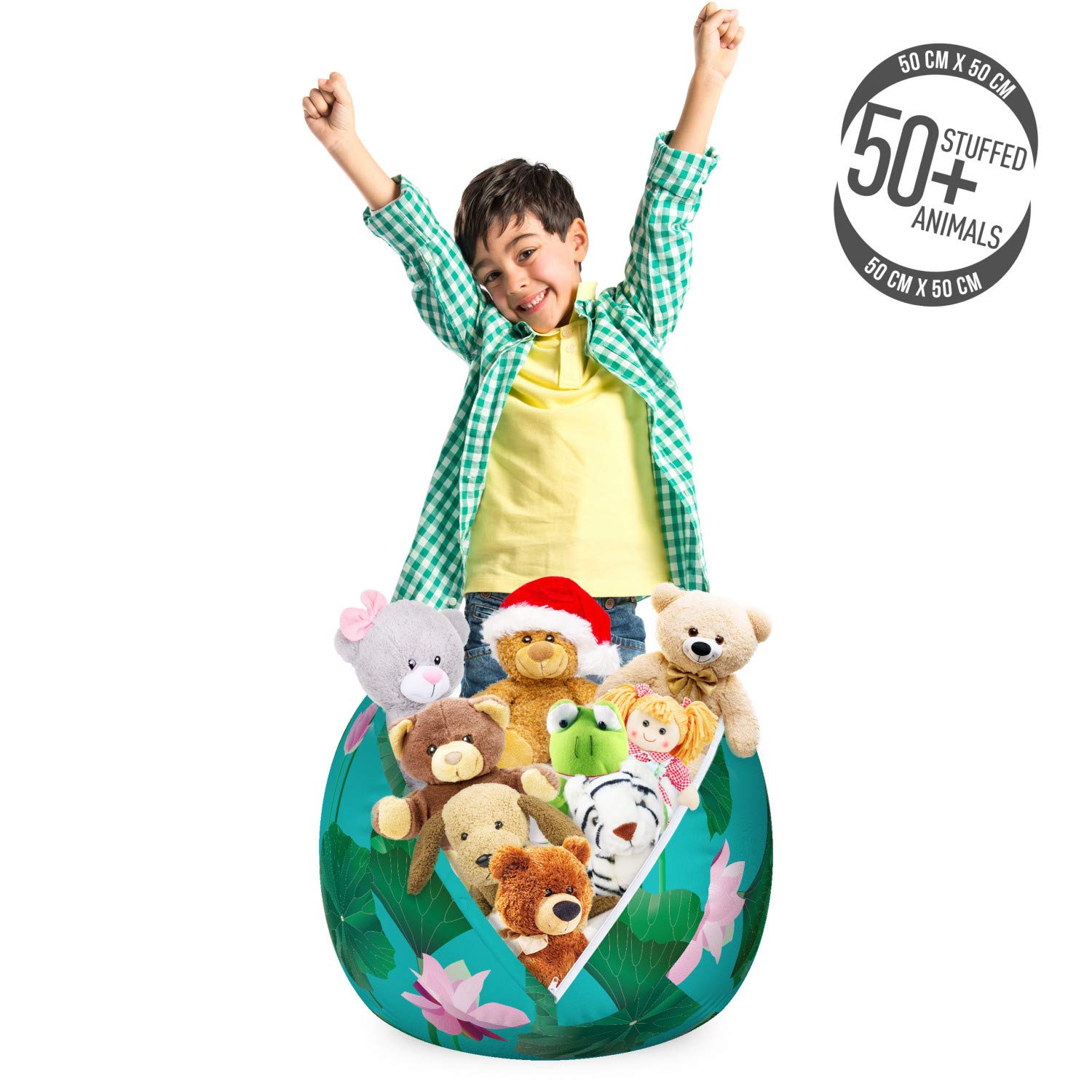 Ambesonne Blue and Pink Storage Toy Bag Chair with Lotus Flower Design - Washable Stuffed Animal Organizer for Kids Room - Small Size Green & Pale Pink - Perfect for Toy Storage, Reading Nook & Playroom Organization