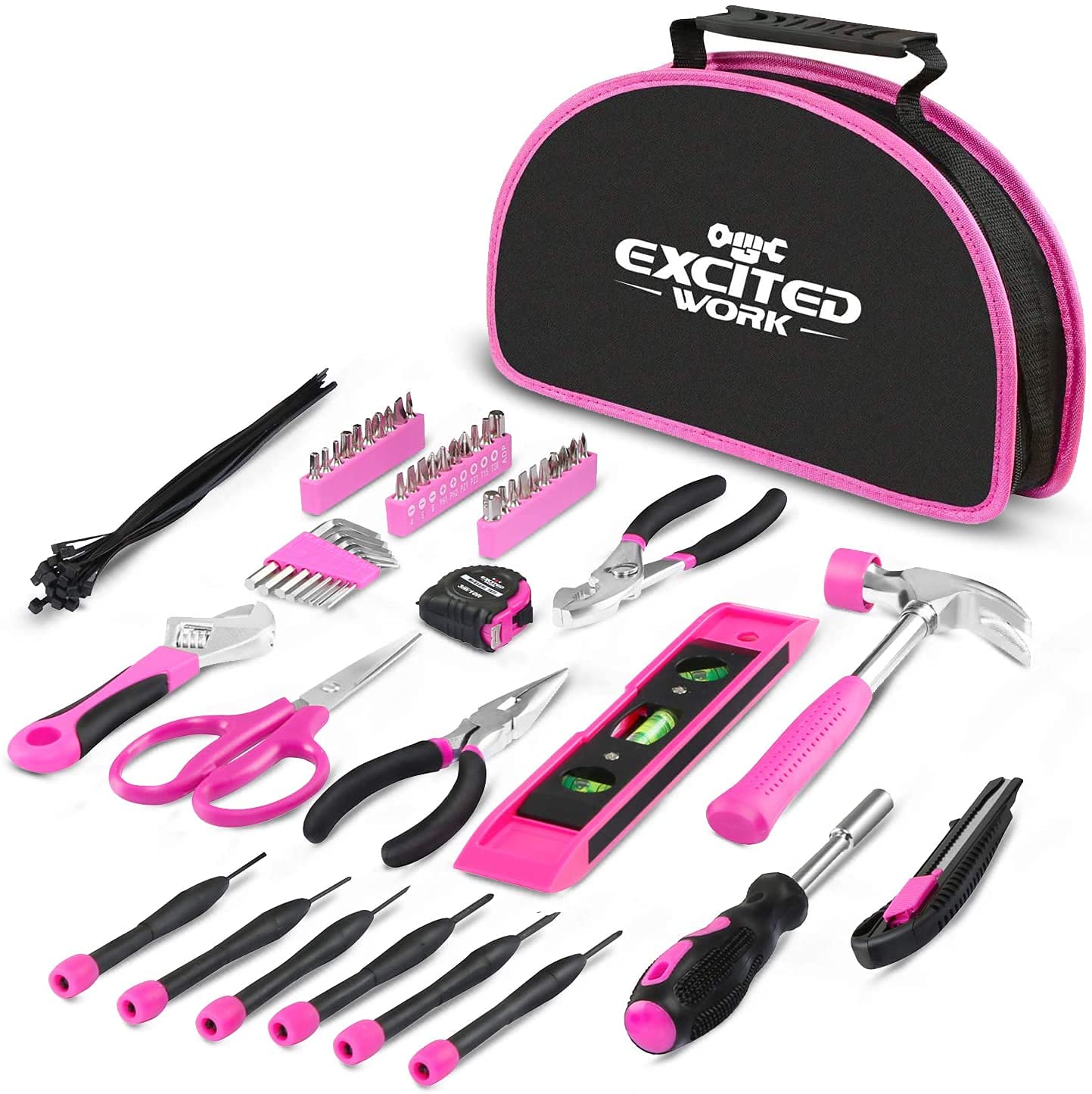 69-Piece Pink Tool Kit for Women - Household Hand Tool Set with Portable Round Pouch | Perfect for DIY Projects, Home Repairs, Dorm Maintenance & Crafting | Ideal Gift for Female DIY Enthusiasts