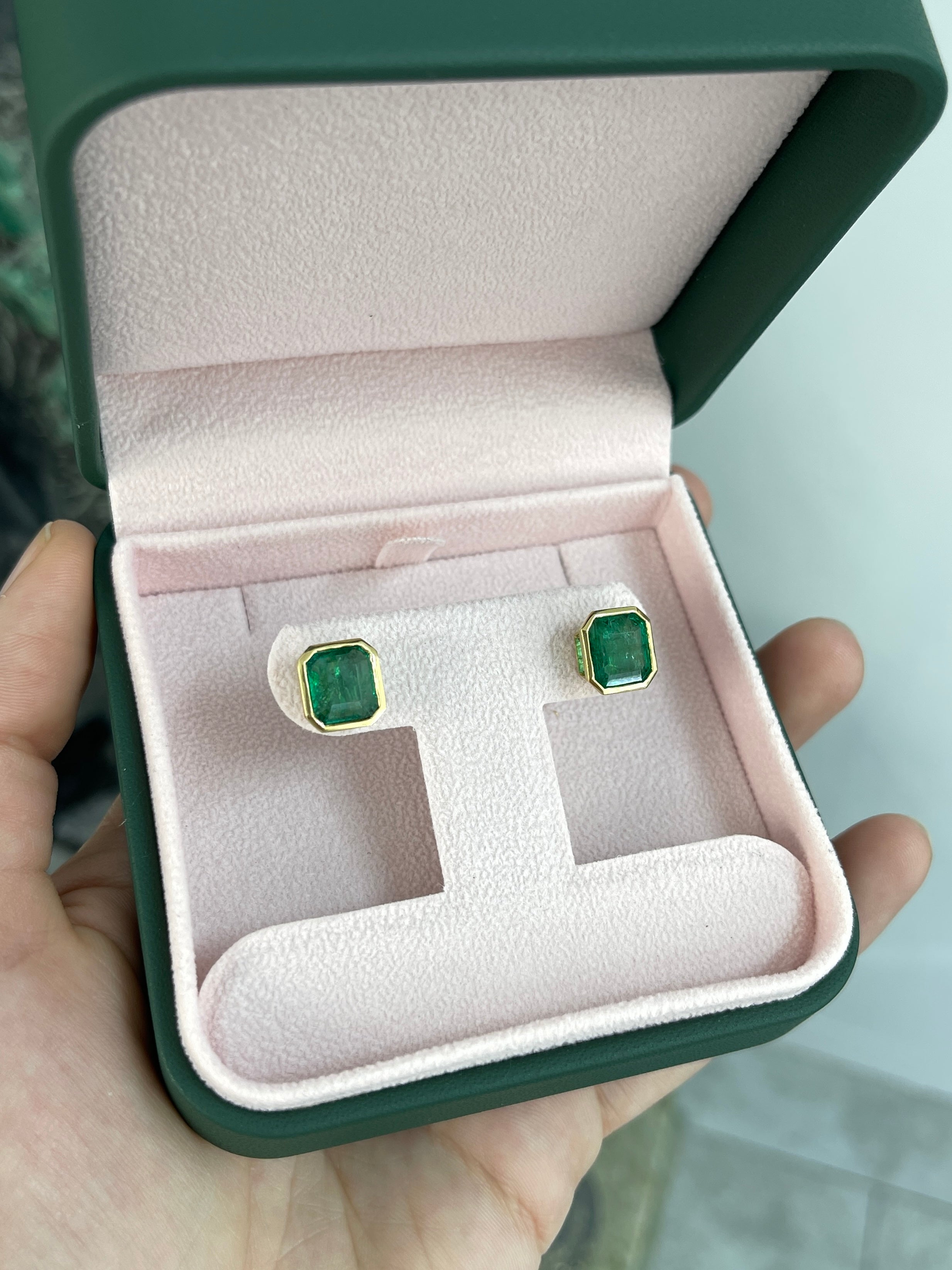 5.60tcw Classic Asscher Cut Emerald Bezel Stud Earrings in 18K Gold - Elegant Jewelry for Weddings, Parties & Special Occasions