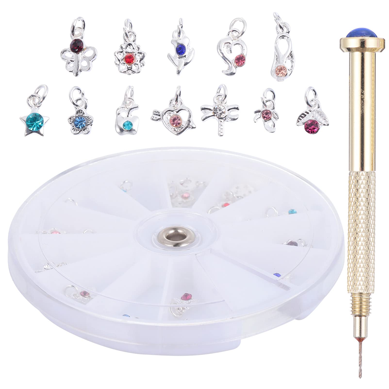 24PCS Rhinestone Nail Art Charms Set with Piercing Tool - DIY Nail Decorations for Acrylic Gels & Tips - Hand Drill for Nail Piercing - Perfect for Salon, Home Manicure & Nail Art Design
