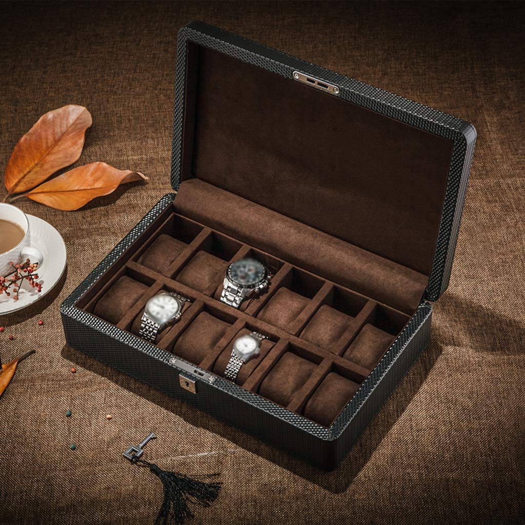 Luxury Carbon Fiber Watch Box for Men - 12 Slot Jewelry & Watch Display Organizer with Bracelet Tray - Perfect for Watch Collection Storage & Gift Giving