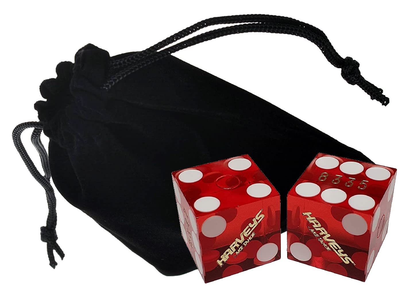 Authentic Harvey's Lake Tahoe Casino Dice Set - Red Polished Dice with Pouch & 36