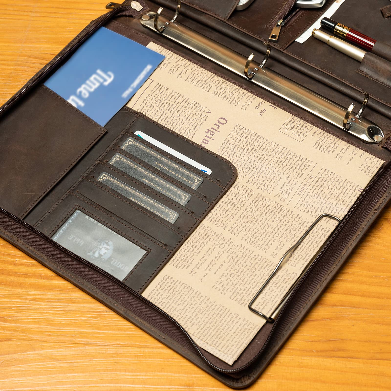 YIWEN Handmade Genuine Leather Portfolio - Zippered Padfolio with 3 Ring Binder, Professional Business Organizer & Resume Folder, Tablet Notebook Organizer (Dark Khaki, Custom Engraved) - Perfect for Office, Meetings & Corporate Gifts