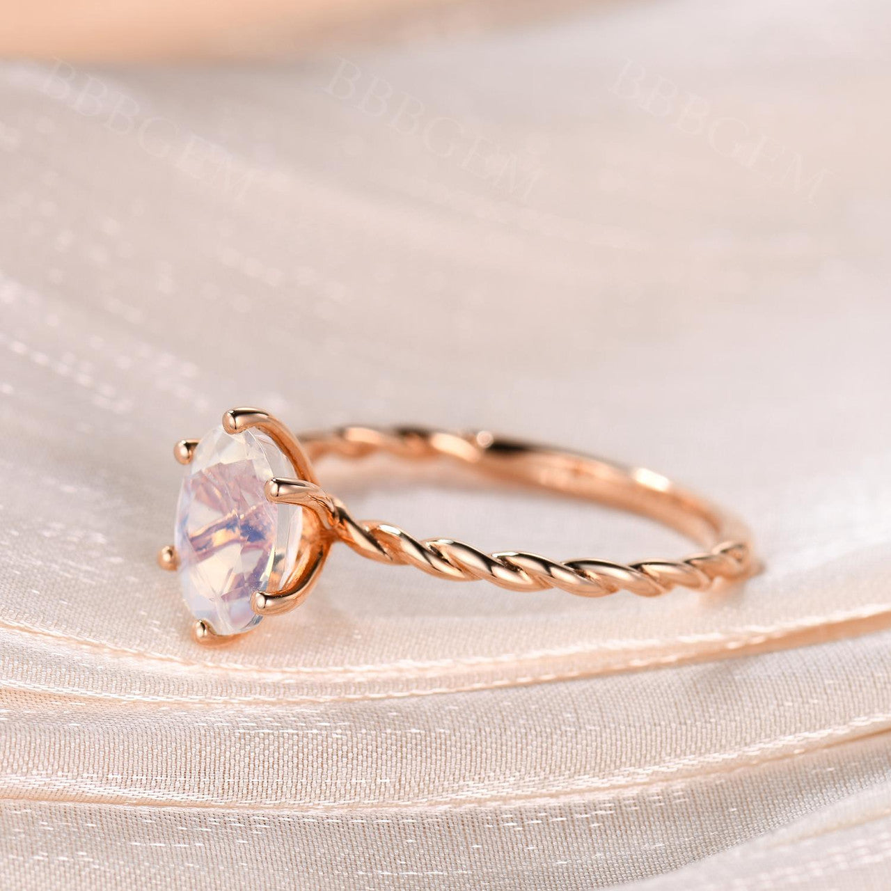 14K Rose Gold 1 Carat Moonstone June Birthstone Solitaire Ring With Twisted Rope Band - Elegant Jewelry for Women, Perfect Gift for Birthday, Anniversary & Special Occasions
