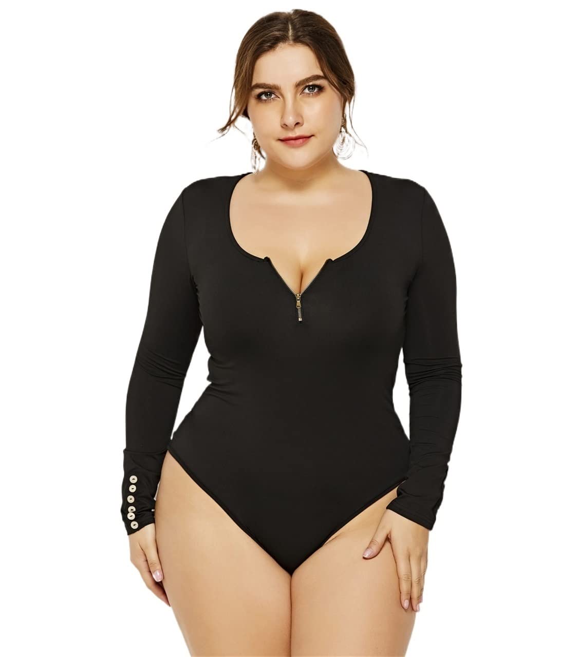 Women's Plus Size Long Sleeve Bodysuit - Front Zipper Leotard Jumpsuit for Yoga, Dance & Everyday Wear | Stretchy Bodycon Outfit for Workout & Casual Fashion