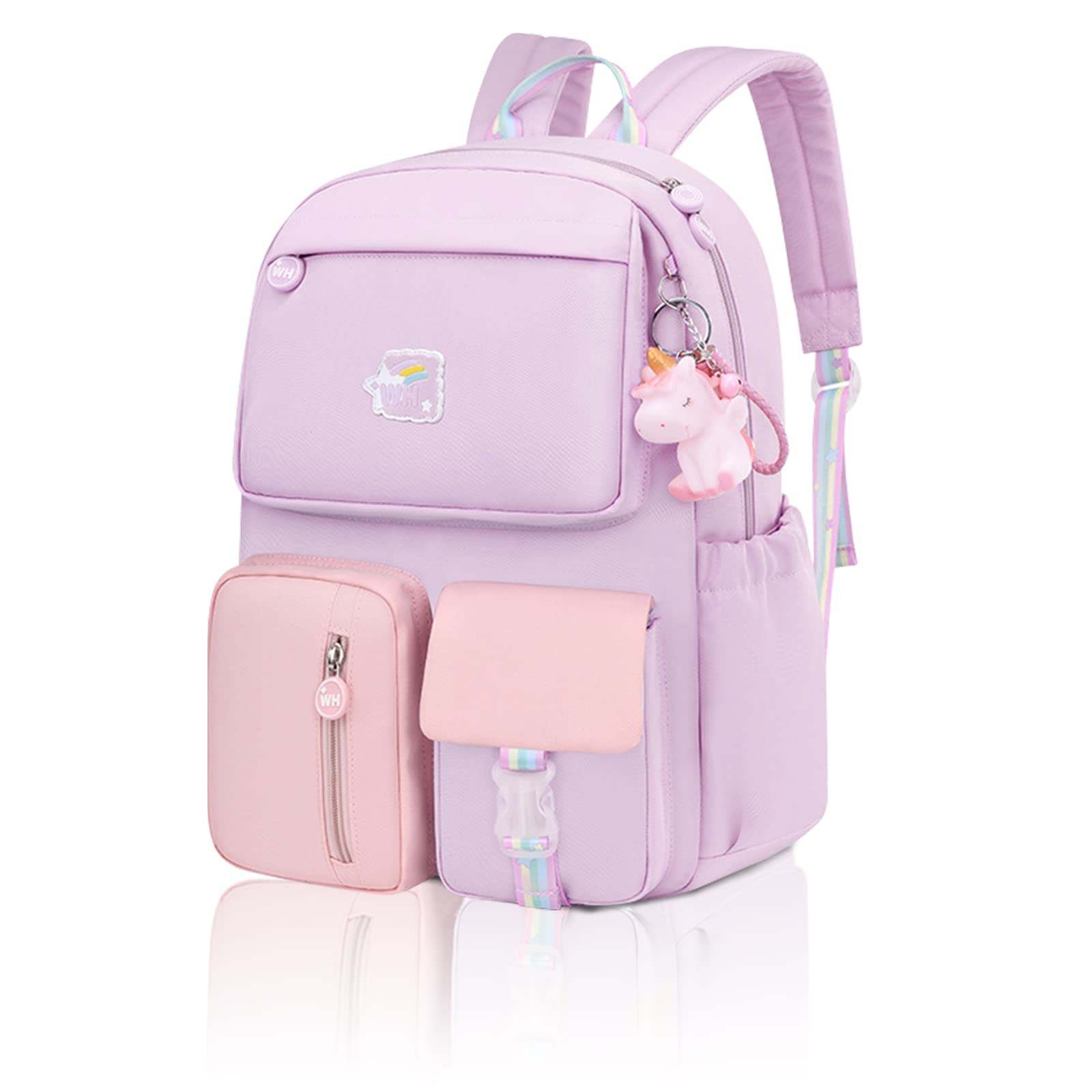**Girls Backpack for School - Large Capacity Waterproof Bookbag with Pendant for Elementary & Middle School - Purple & Pink - Perfect for Daily Use, Travel & Outdoor Activities**