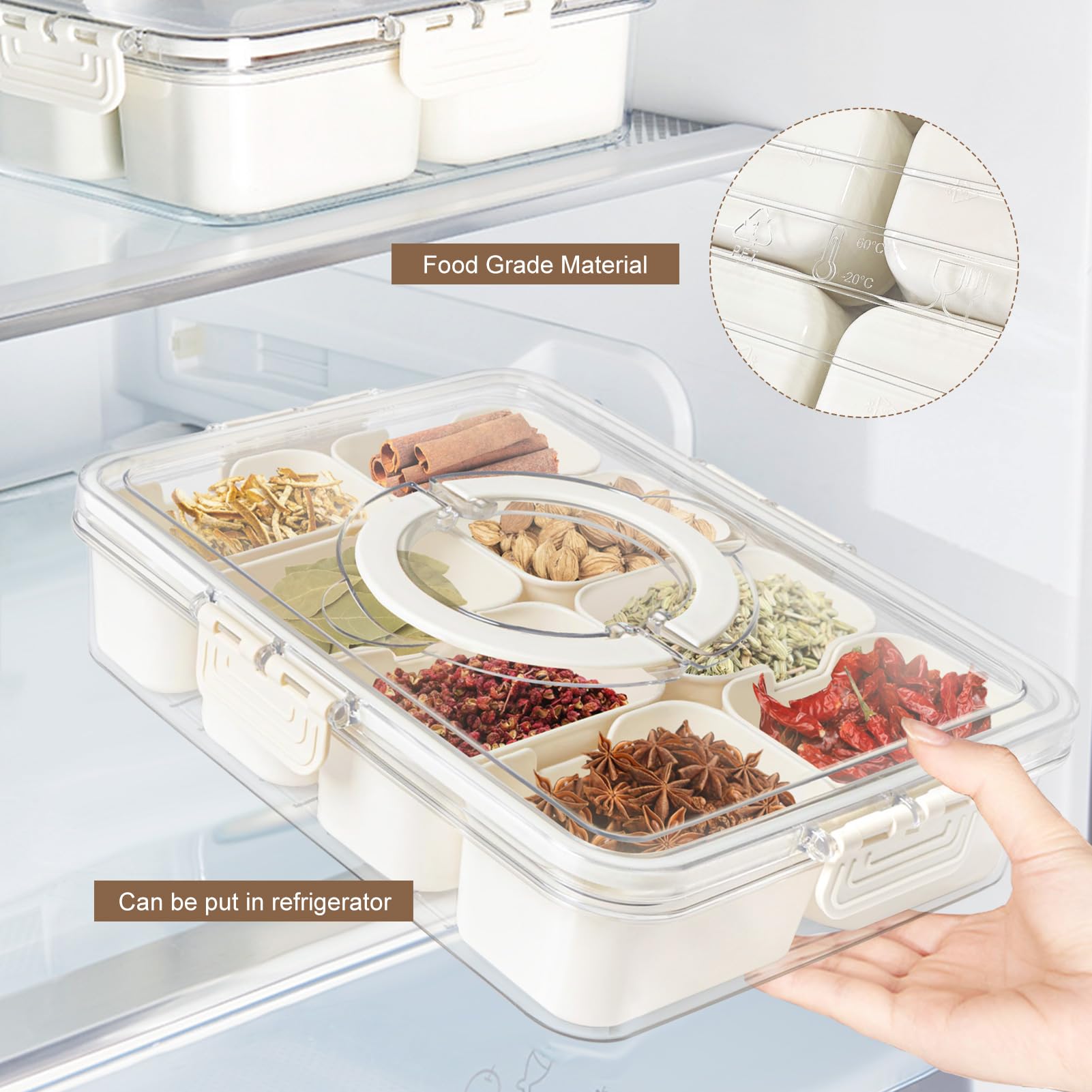 Portable Divided Snackle Box with Lid & Handle - 6-Compartment Charcuterie Tray for Fruits, Nuts, Cheese & Candy | Perfect for Picnics, Parties, Travel & Office Snacks | BPA-Free Food Storage Container