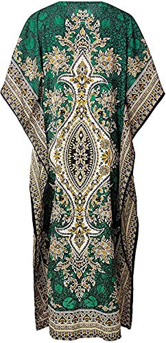 Floral Print Long Kaftan Dress for Women - Plus Size V-Neck Maxi Tunic Cover Up | Loungewear, Beachwear & Nightwear | Perfect for Poolside, Vacation & Relaxation at Home (Green)