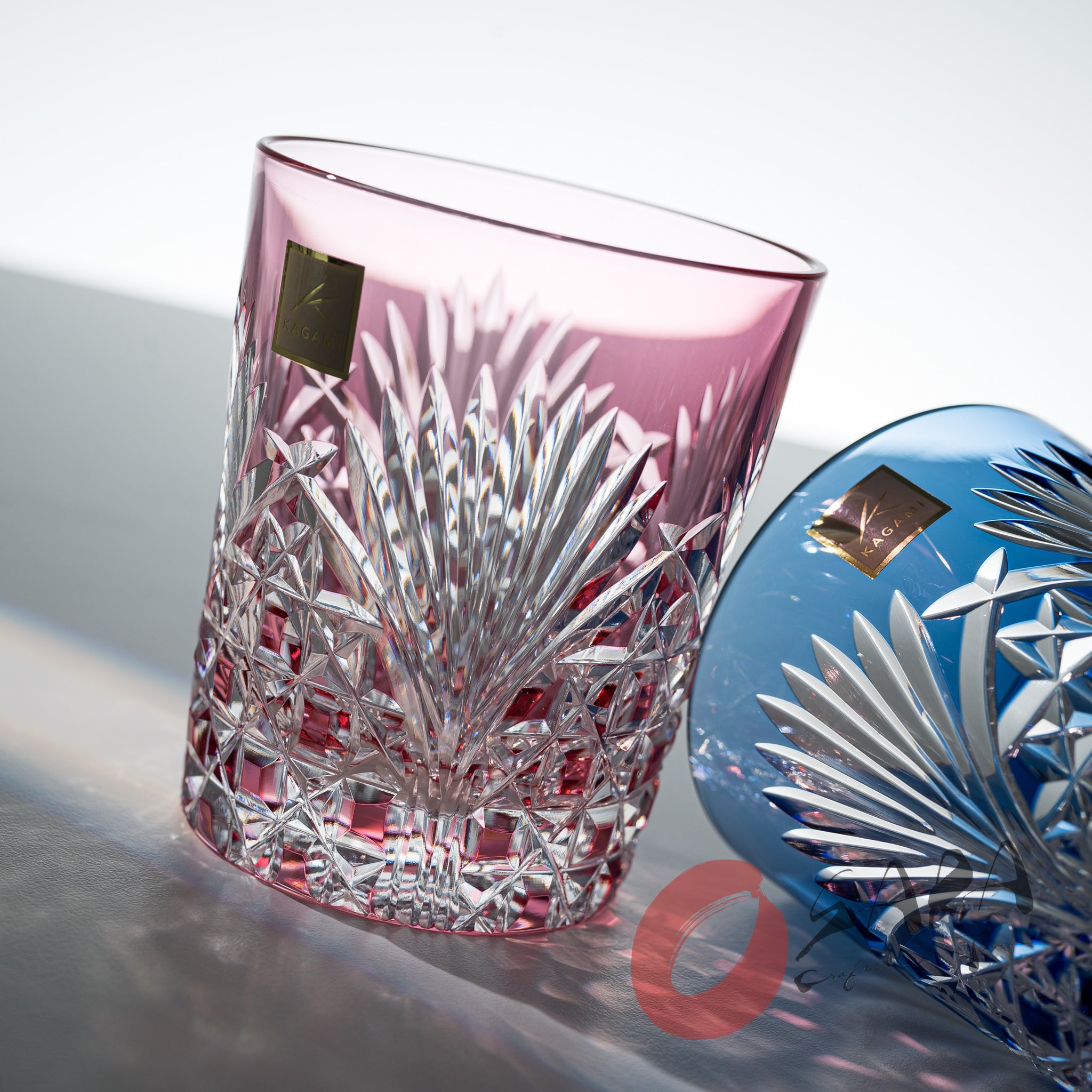 KAGAMI Crystal Edo Kiriko Pair Whiskey Glasses Set - 240ml Handcrafted Japanese Cut Glass with Bamboo Leaf Design - Perfect for Whiskey Tasting, Home Bar Decor & Luxury Gift Giving