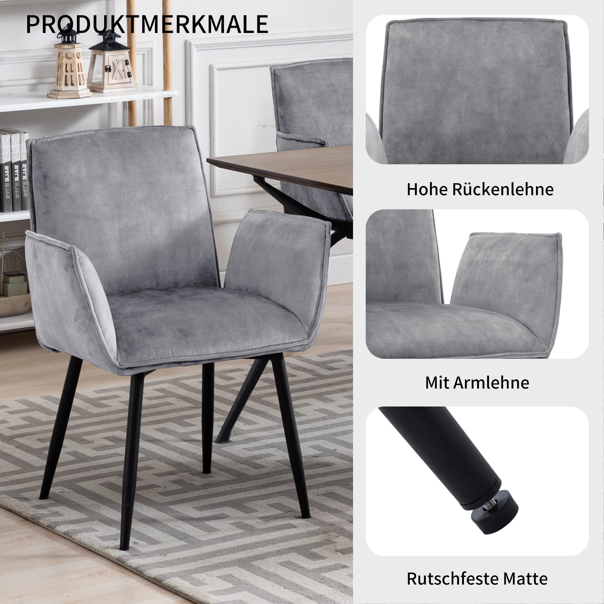DUHOME Velvet Accent Chair - Modern Office Desk Chair, Dining Chair & Living Room Chair - Comfortable Grey Upholstered Seat for Home & Workspaces