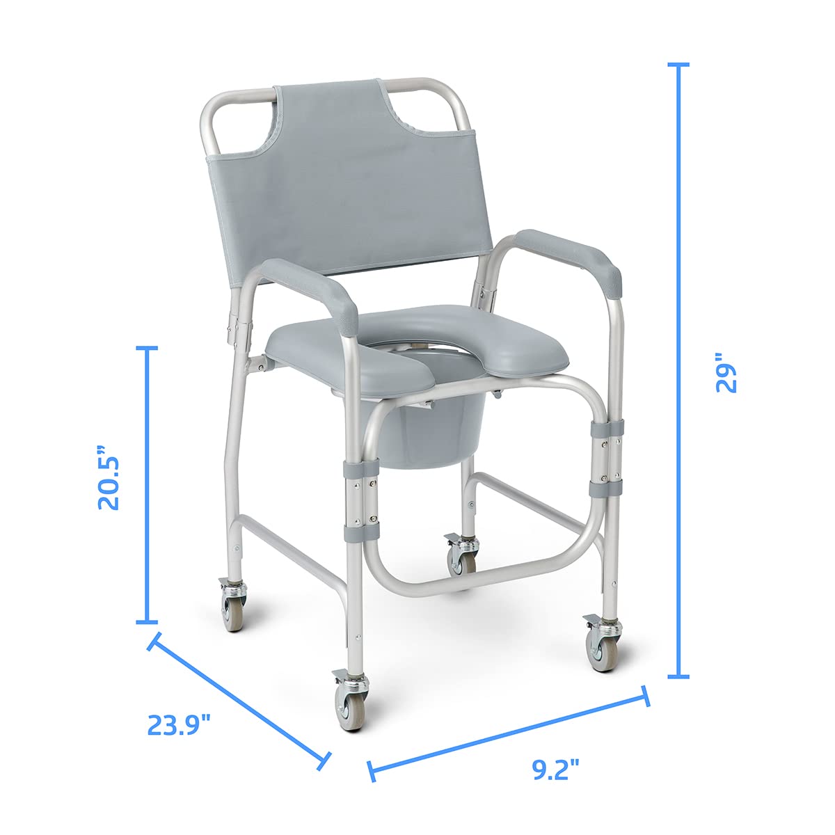 Medline Aluminum Padded Shower Chair Commode with 4 Locking Casters - 300 lbs Weight Capacity - Bathroom Safety & Mobility Aid for Elderly, Disabled & Post-Surgery Recovery - Ideal for Shower, Toilet Transfer & Home Care Use