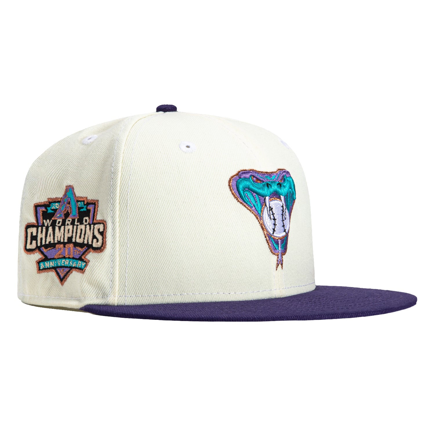New Era 59Fifty MLB Arizona Diamondbacks 20th Anniversary Patch Snapback Hat - White & Purple Baseball Cap for Men, Women - Perfect for Games, Fan Gear, Streetwear Fashion