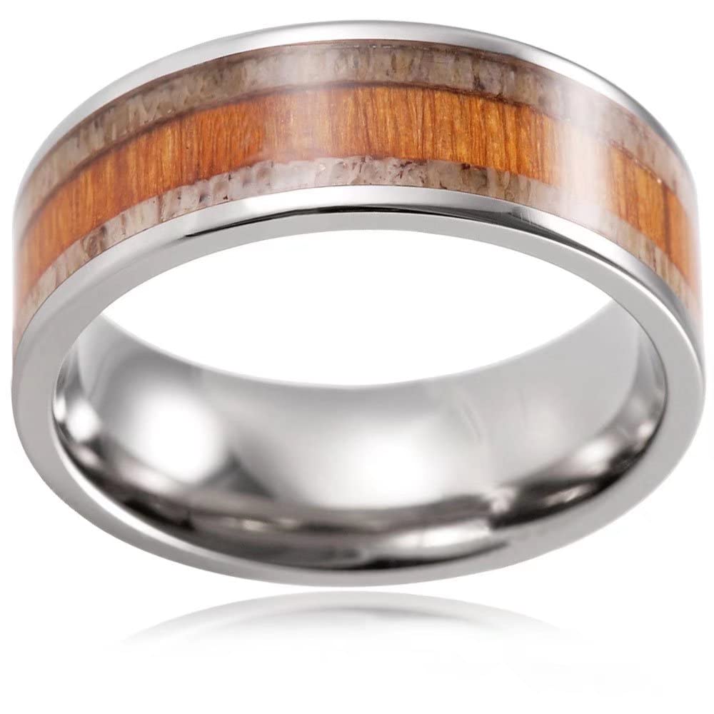 8MM Silver Tungsten Carbide Wedding Ring with Deer Antler & Koa Wood Inlay - Comfort Fit Size 8-13 for Men & Women - Perfect for Engagement, Anniversary, and Everyday Wear