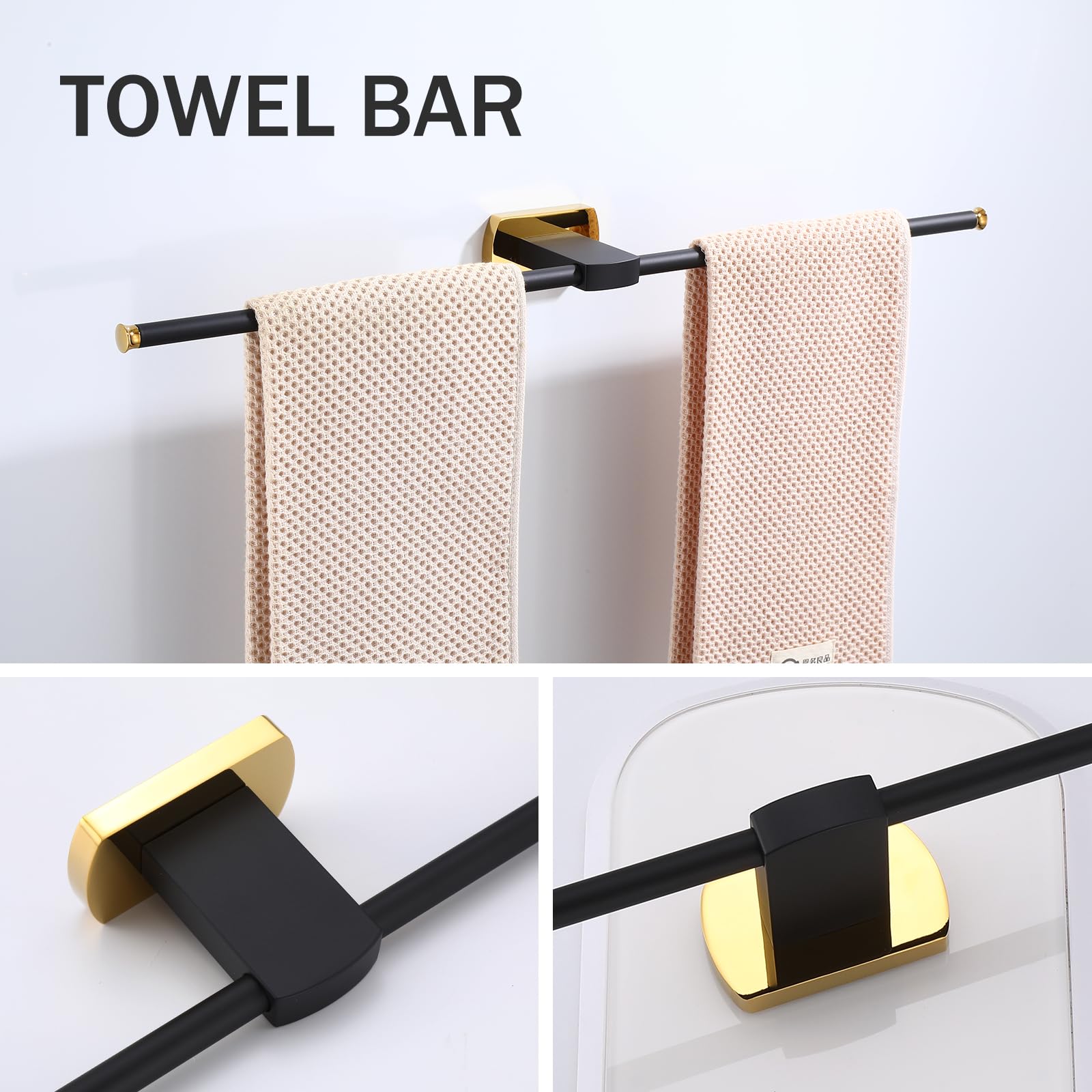 Premium 3-Piece Bathroom Hardware Set - Matte Black Zinc Alloy Towel Holder, Toilet Paper Stand & Wall-Mounted Ring with Gold Accents | Modern Bathroom Accessories for Home & Hotel Decor | Rust-Resistant & Easy Installation