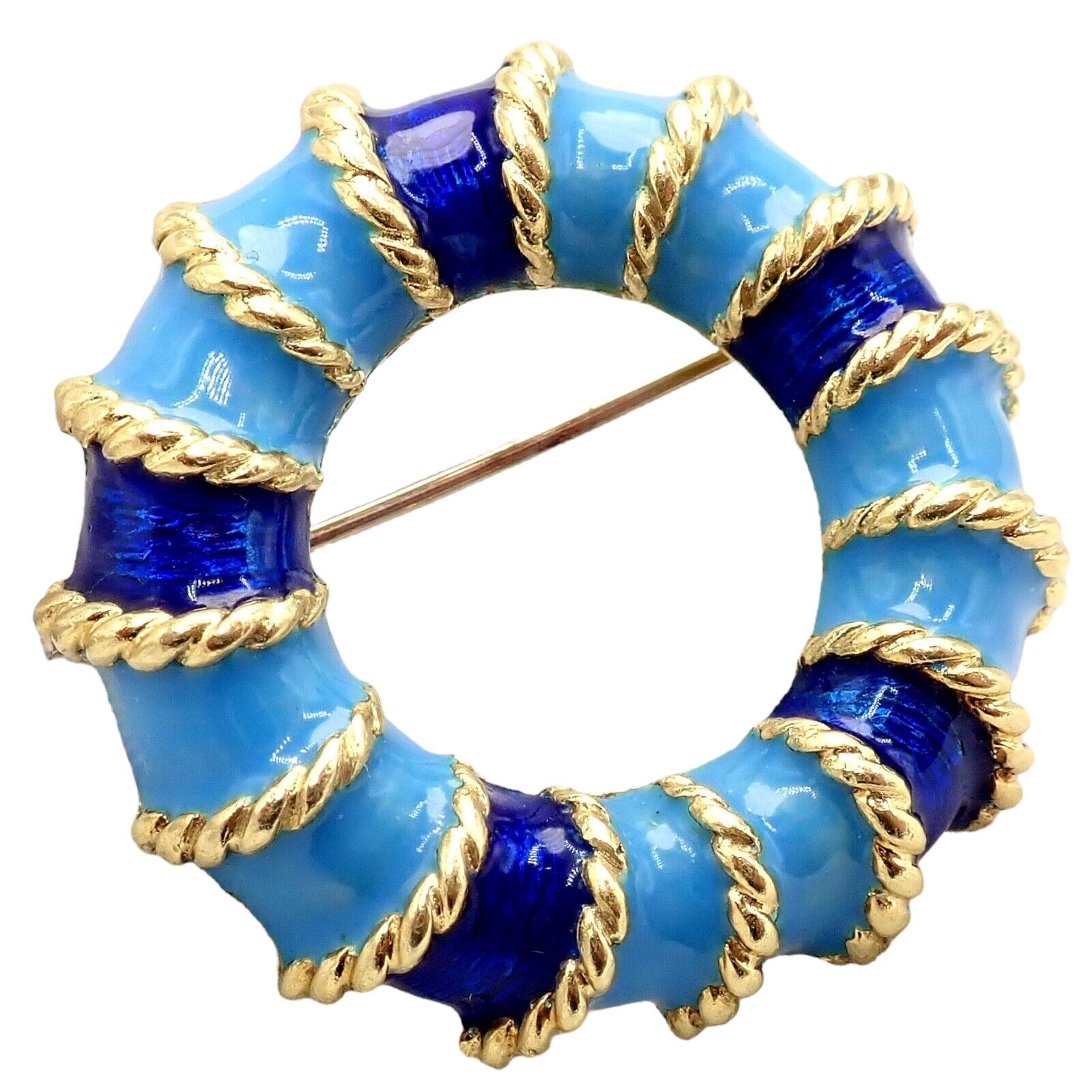 Vintage Tiffany & Co 18k Yellow Gold Blue Enamel Circle Rope Brooch Pin - Rare Collectible Jewelry for Women, Gift for Her, Perfect for Special Occasions & Vintage Fashion Lovers