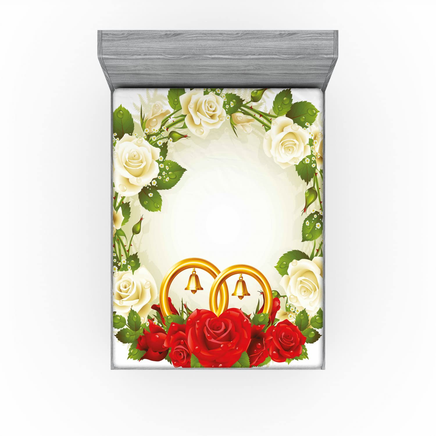 Ambesonne Wedding Fitted Sheet - White & Red Roses with Wedding Rings Design, Full Size Deep Pocket Bed Cover with All-Around Elastic for Comfort | Perfect for Romantic Weddings, Anniversaries & Honeymoon Bedroom Decor