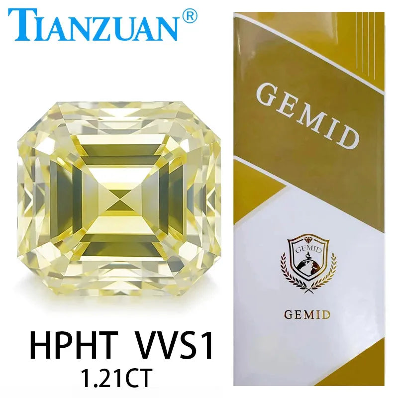 1.214CT VVS1 Lab-Created Diamond HPHT Asscher Cut Fancy Intense Yellow 2EX Loose Gemstone - GEMID Certified for Engagement Rings & Fine Jewelry Making