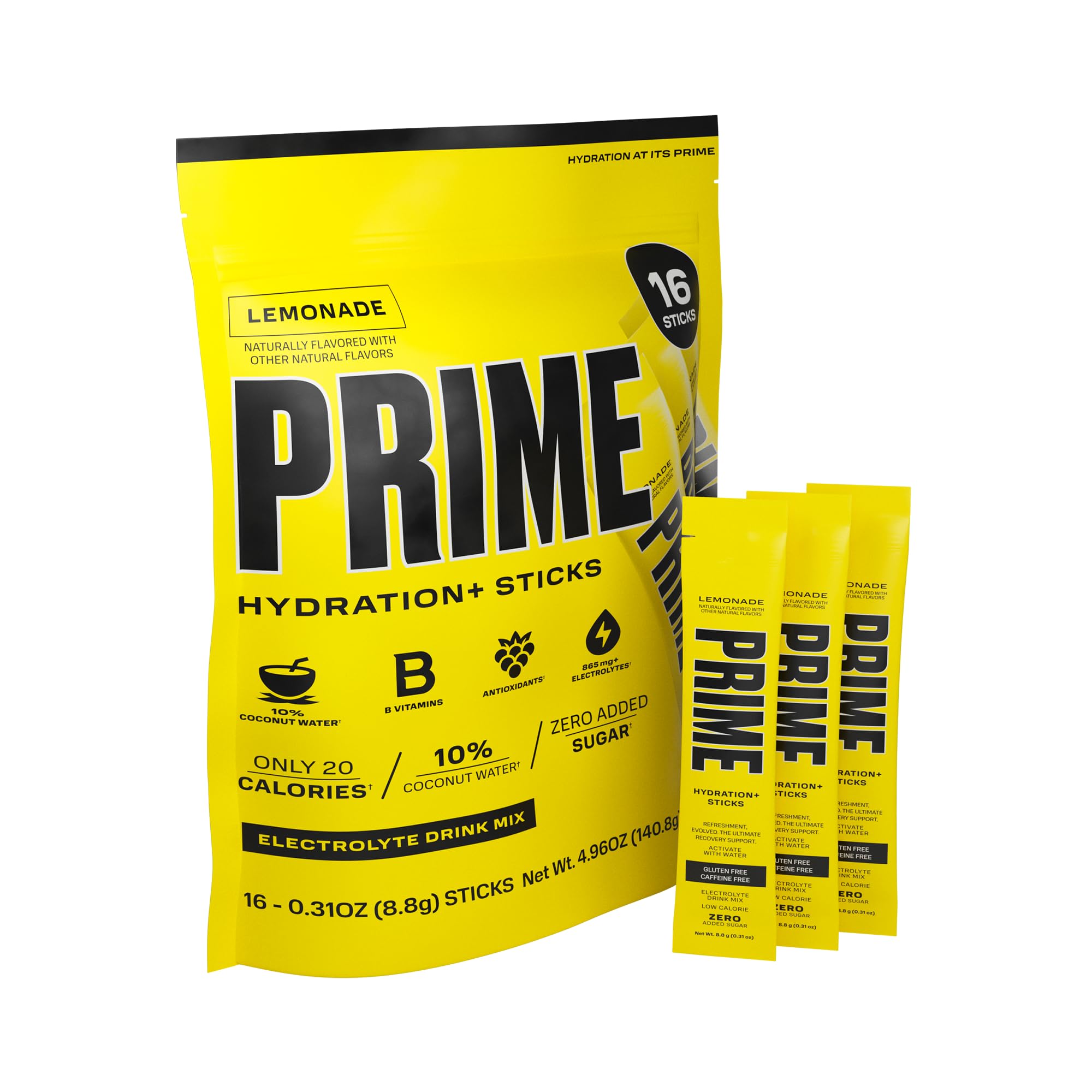 PRIME HYDRATION+ Sticks Lemonade | Electrolyte Powder Packets for On-The-Go Hydration | Low Sugar, Caffeine-Free & Vegan | 16 Single Serve Sticks | Perfect for Workouts, Travel & Outdoor Activities
